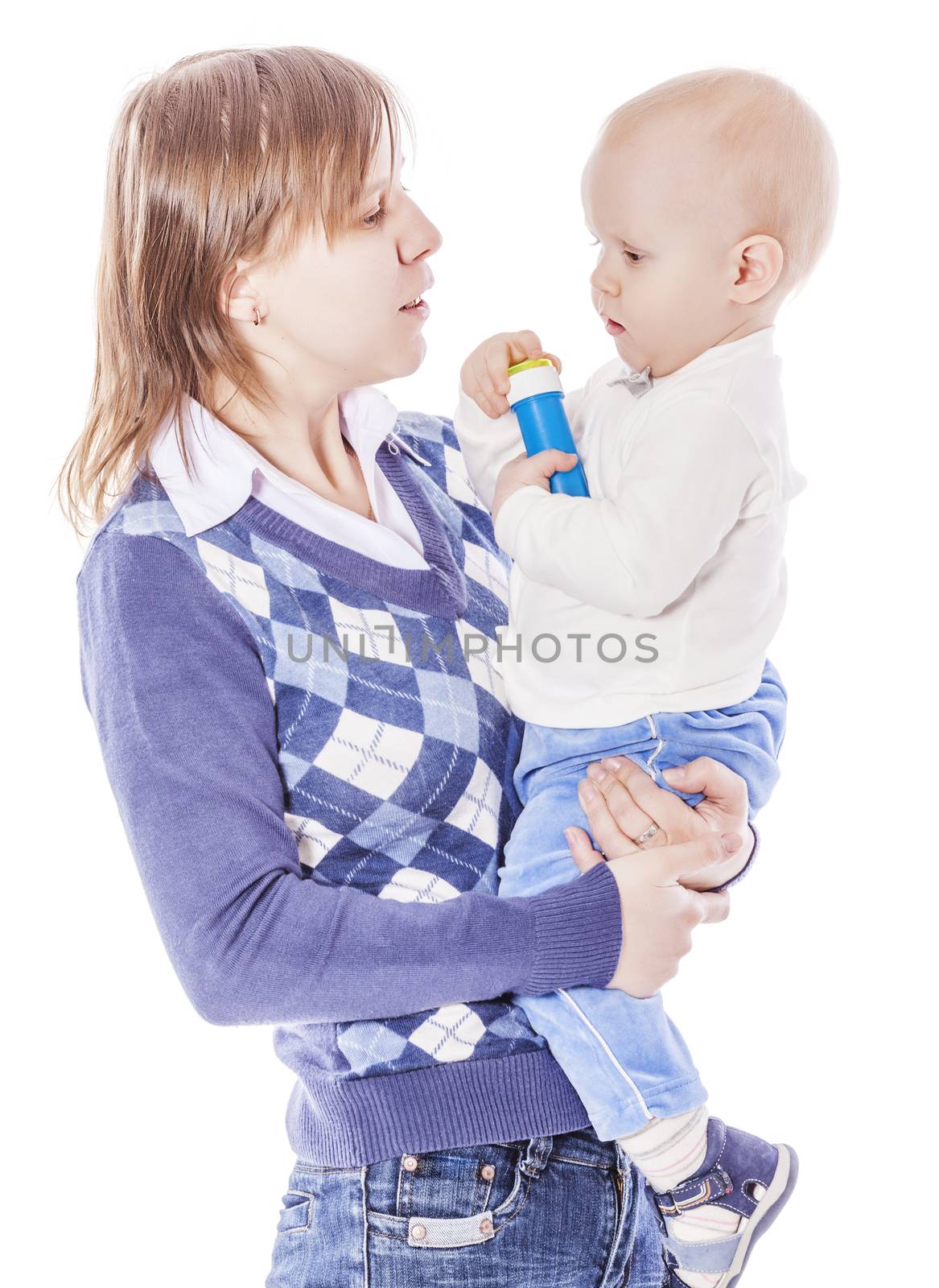 Mother with one year son together isolated on white