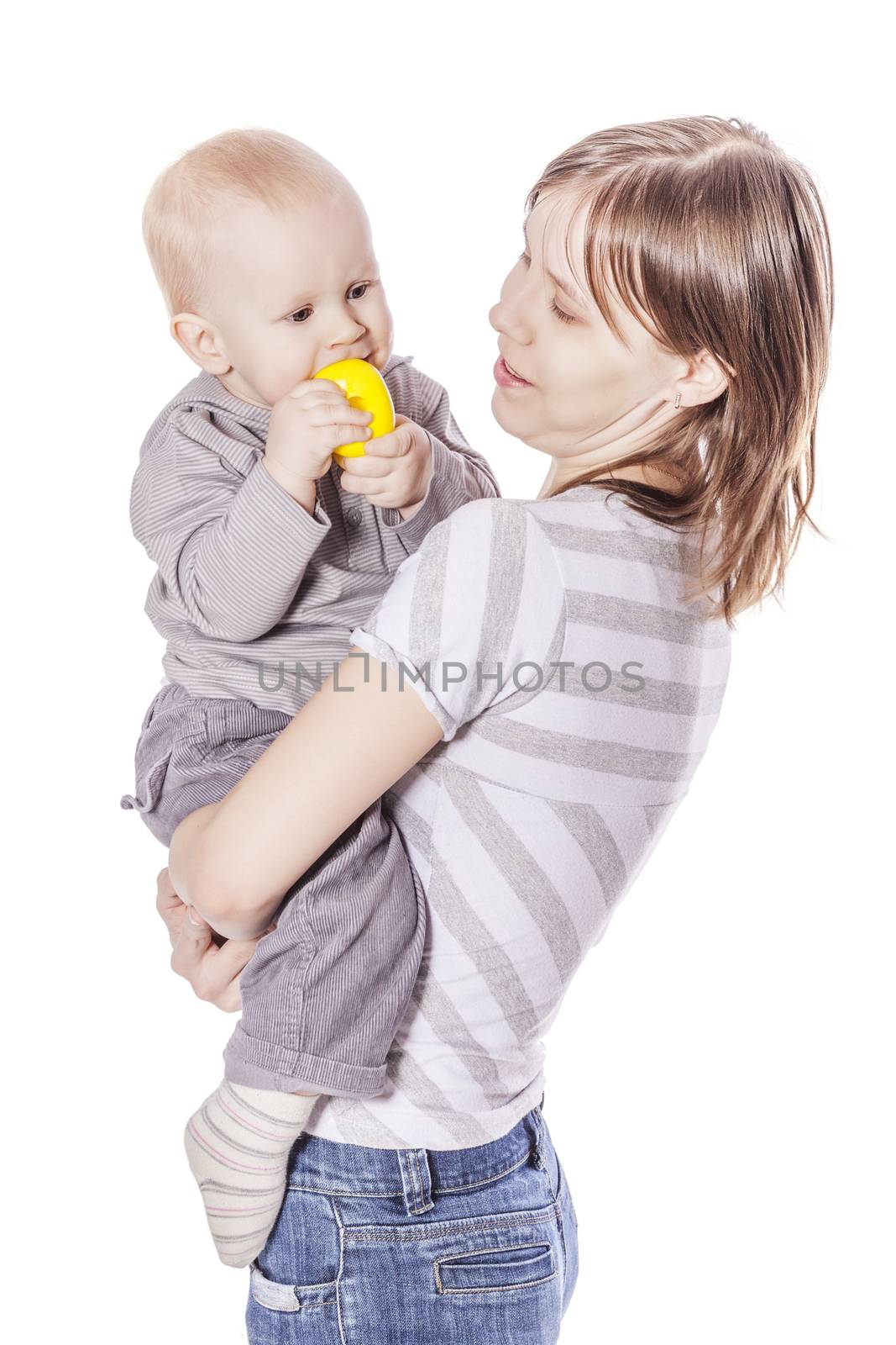 Mother with one year son together isolated on white