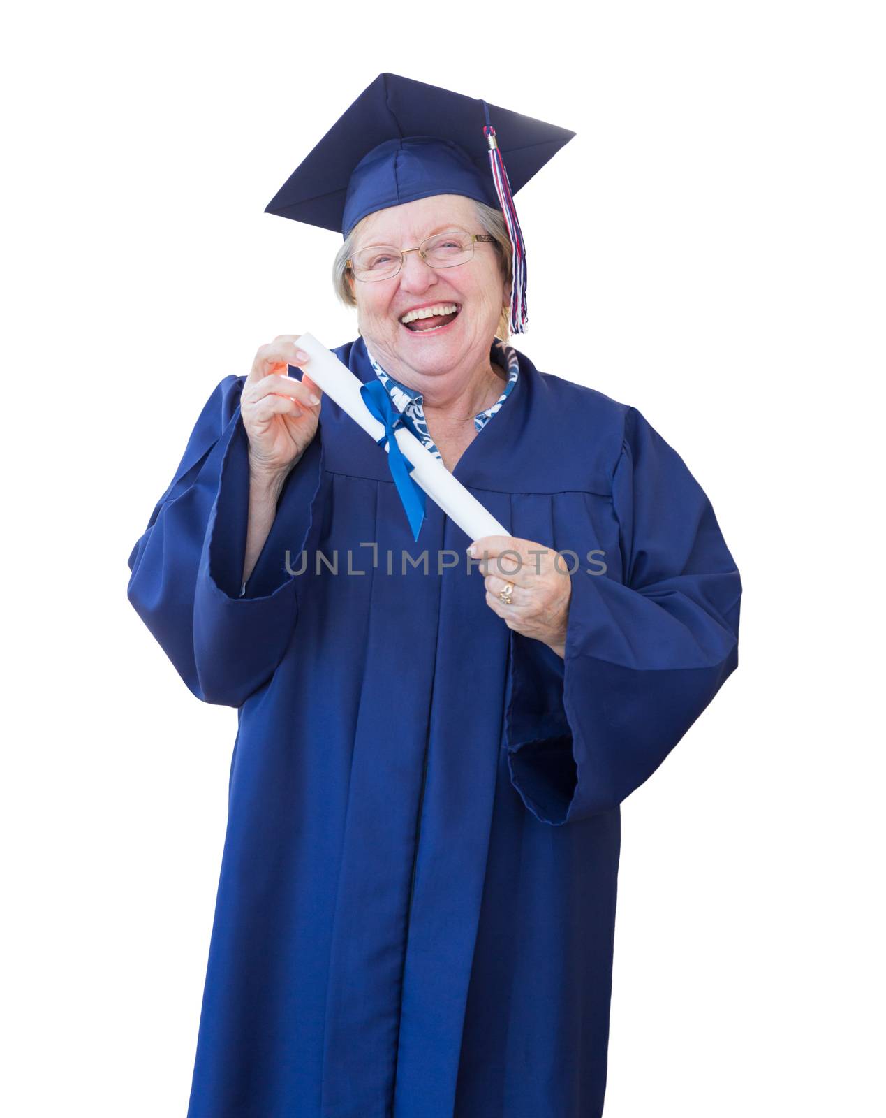 Happy Senior Adult Woman Graduate In Cap and Gown Holding Diploma Isolated on a White Background.