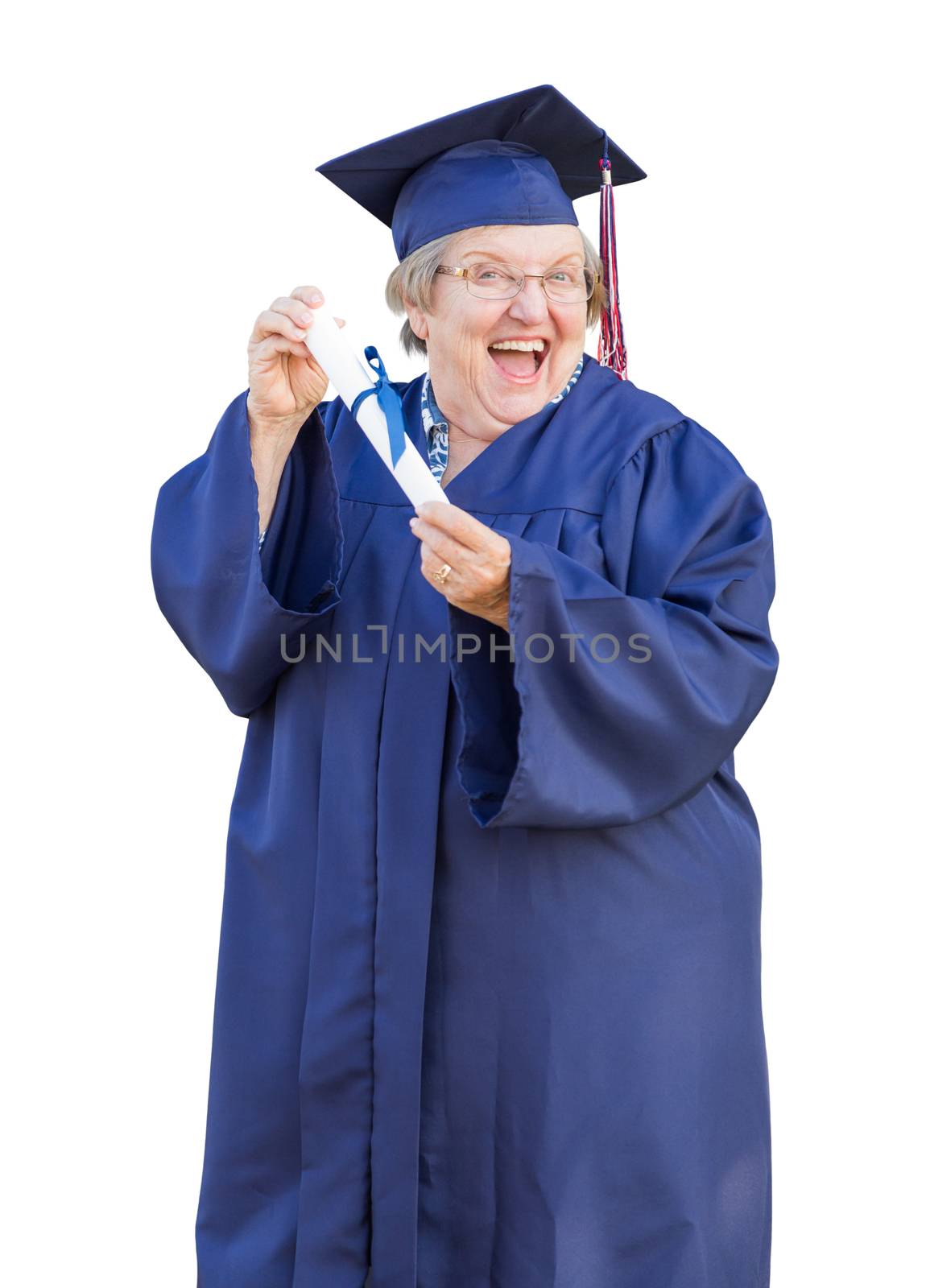 Happy Senior Adult Woman Graduate In Cap and Gown Holding Diploma Isolated on a White Background.