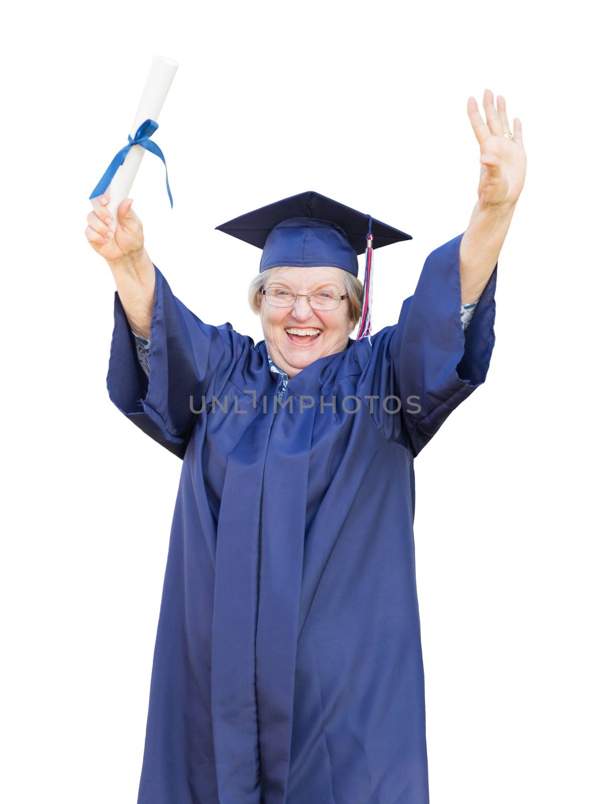 Happy Senior Adult Woman Graduate In Cap and Gown Holding Diploma Isolated on a White Background.