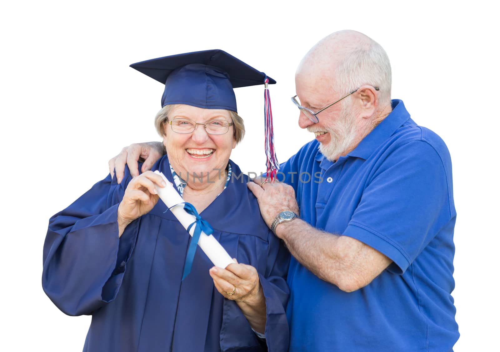 Senior Adult Woman Graduate in Cap and Gown Being Congratulated By Husband Isolated on White. by Feverpitched