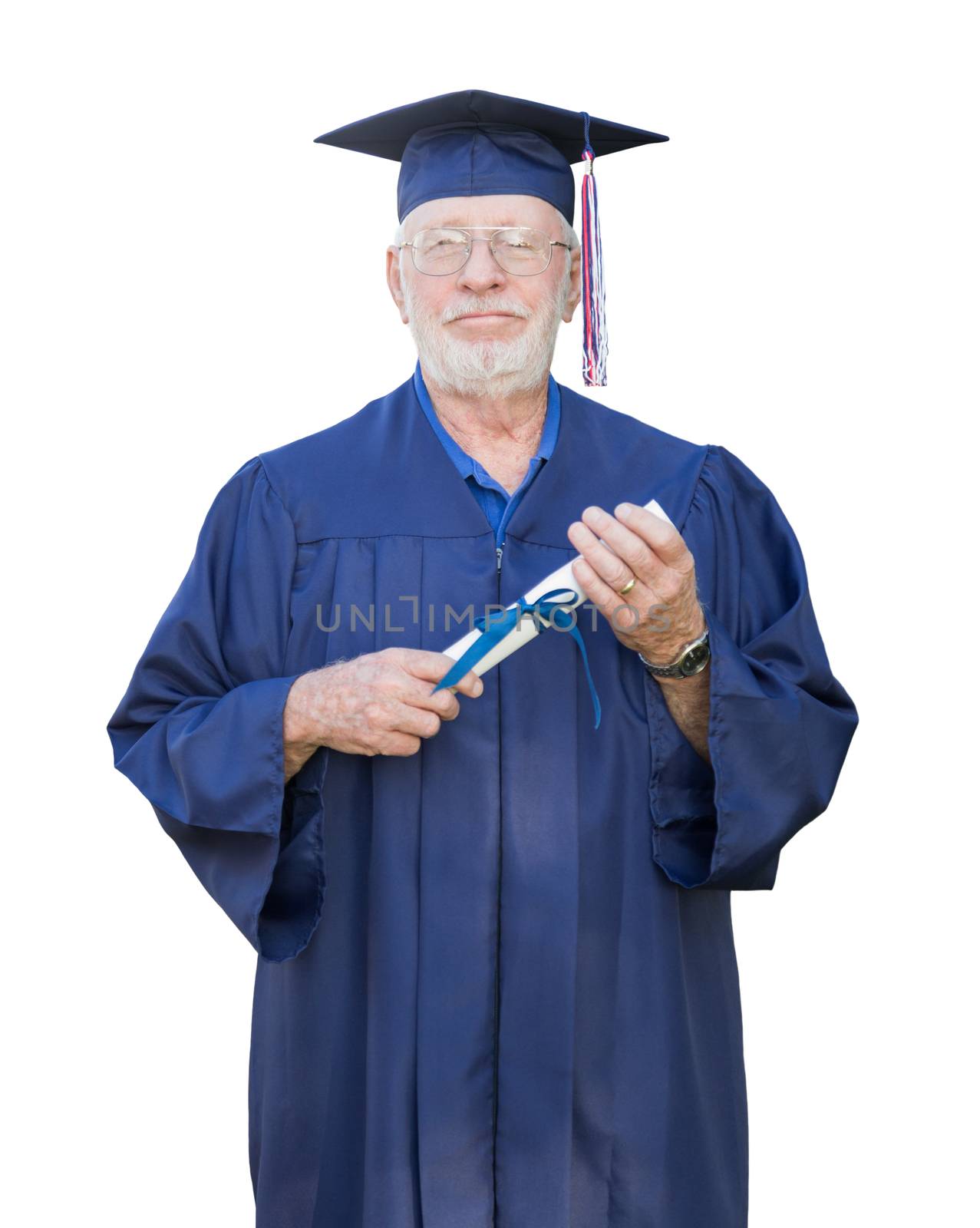 Proud Senior Adult Man Graduate In Cap and Gown Holding Diploma Isolated on a White Background. by Feverpitched