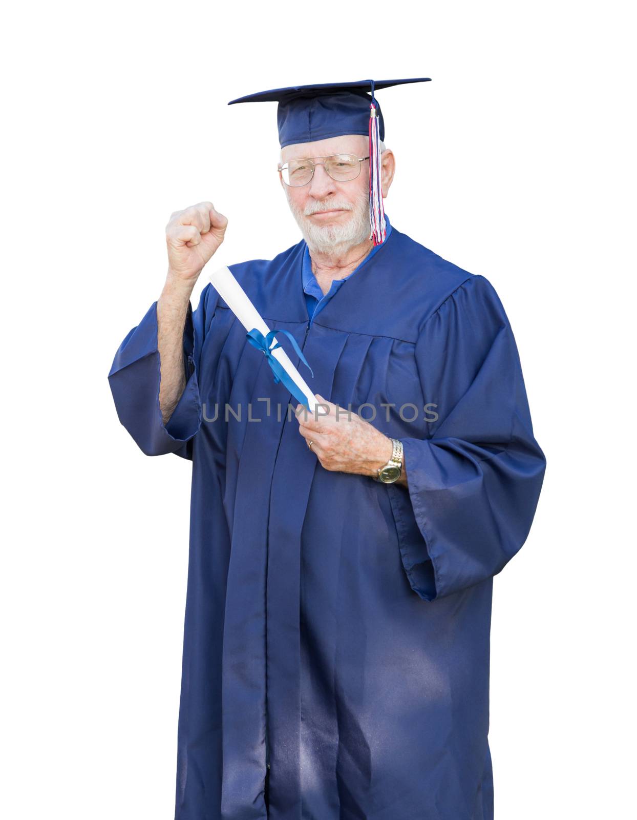 Proud Senior Adult Man Graduate In Cap and Gown Holding Diploma Isolated on a White Background. by Feverpitched