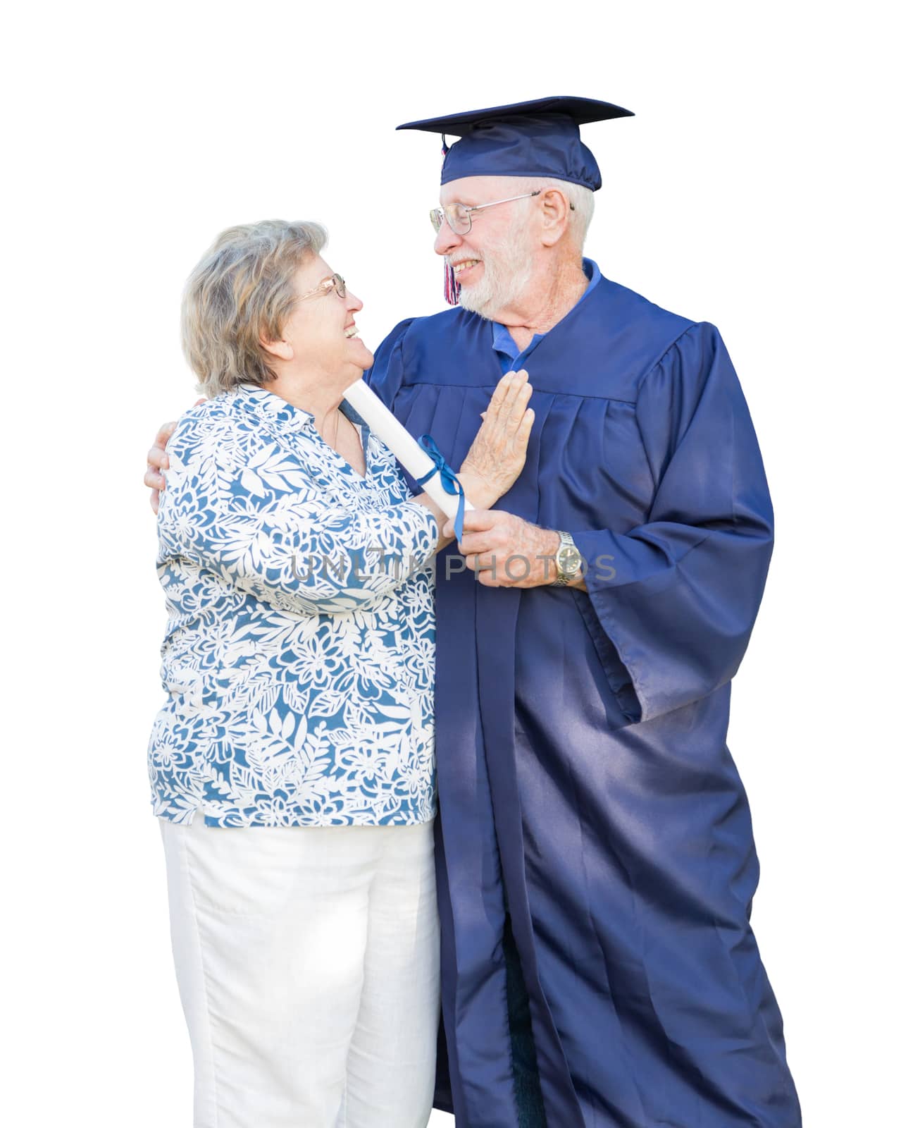 Senior Adult Man Graduate in Cap and Gown Being Congratulated By Wife Isolated on White.