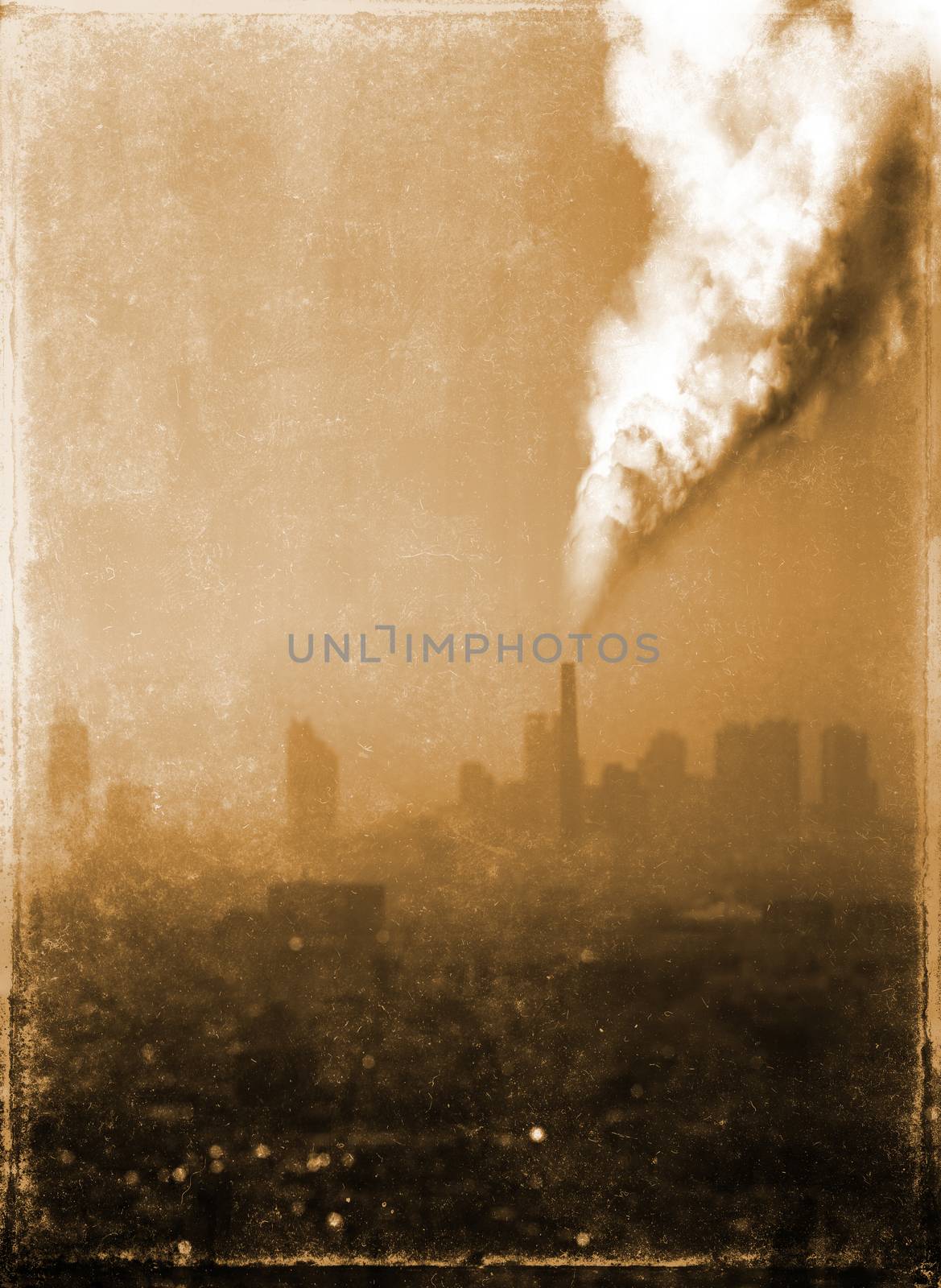 retro photo of atmospheric air pollution from factory