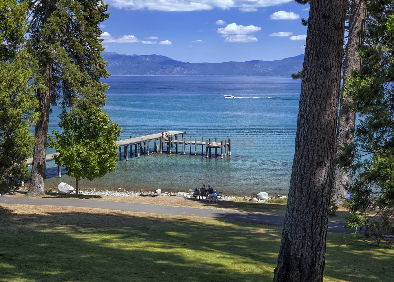 A view of Lake Tahoe from the Sugar Pine Point looking down on the park's boat dock.