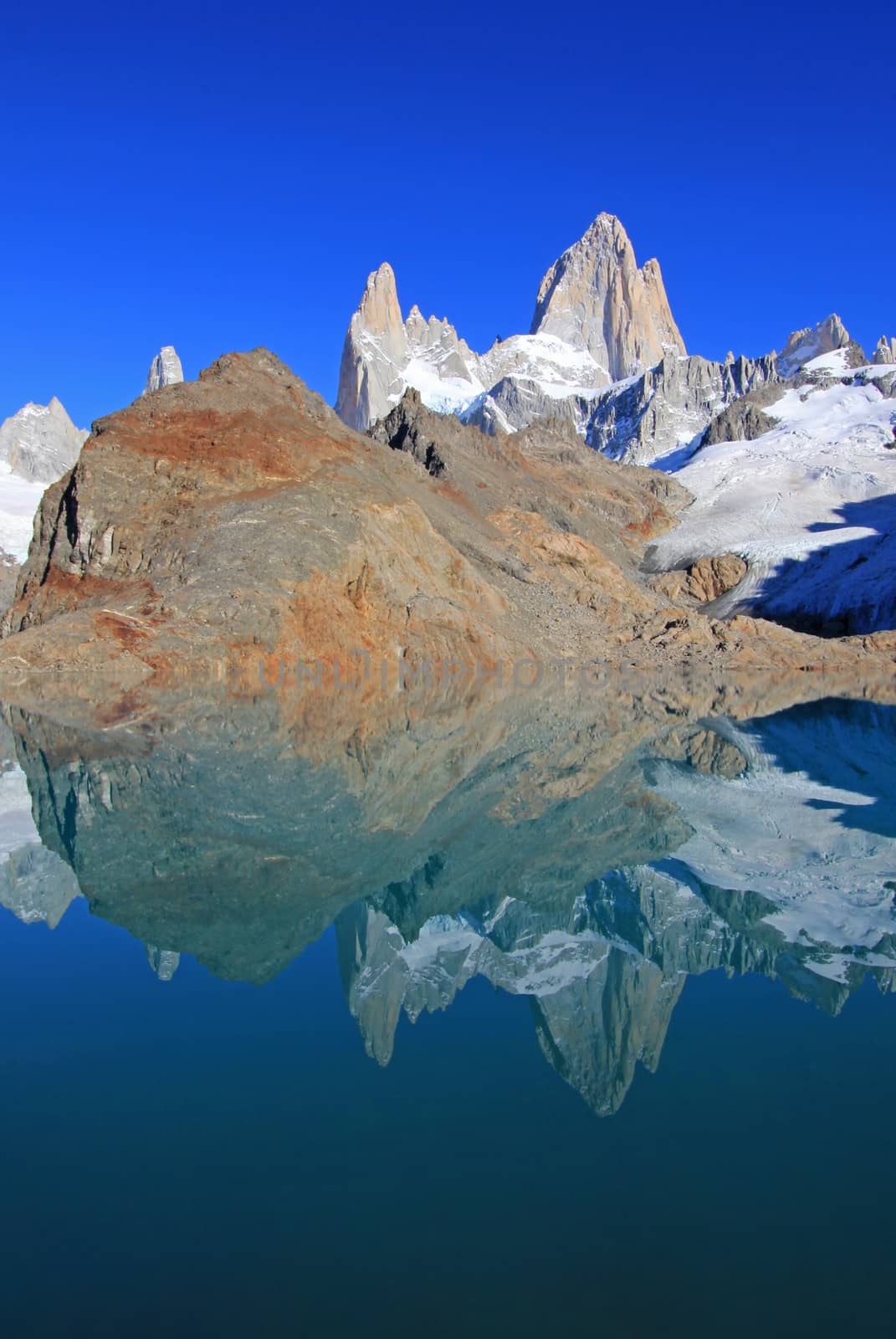 Beautiful reflection of Mt Fitz Roy, Laguna de Los Tres in Los Glaciares National Park, Patagonia, Argentina by cicloco