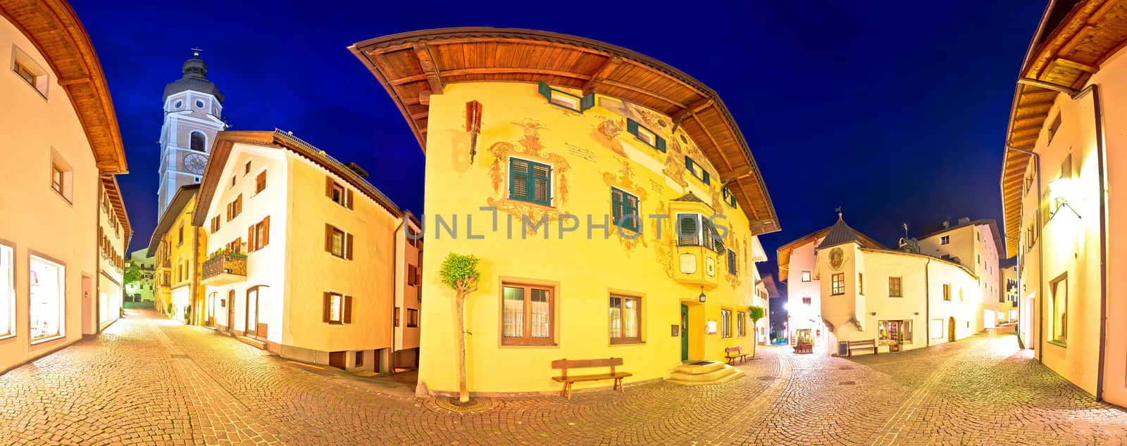 Town of Kastelruth (Castelrotto) street evening panoramic view, Dolomites Alps region of Italy