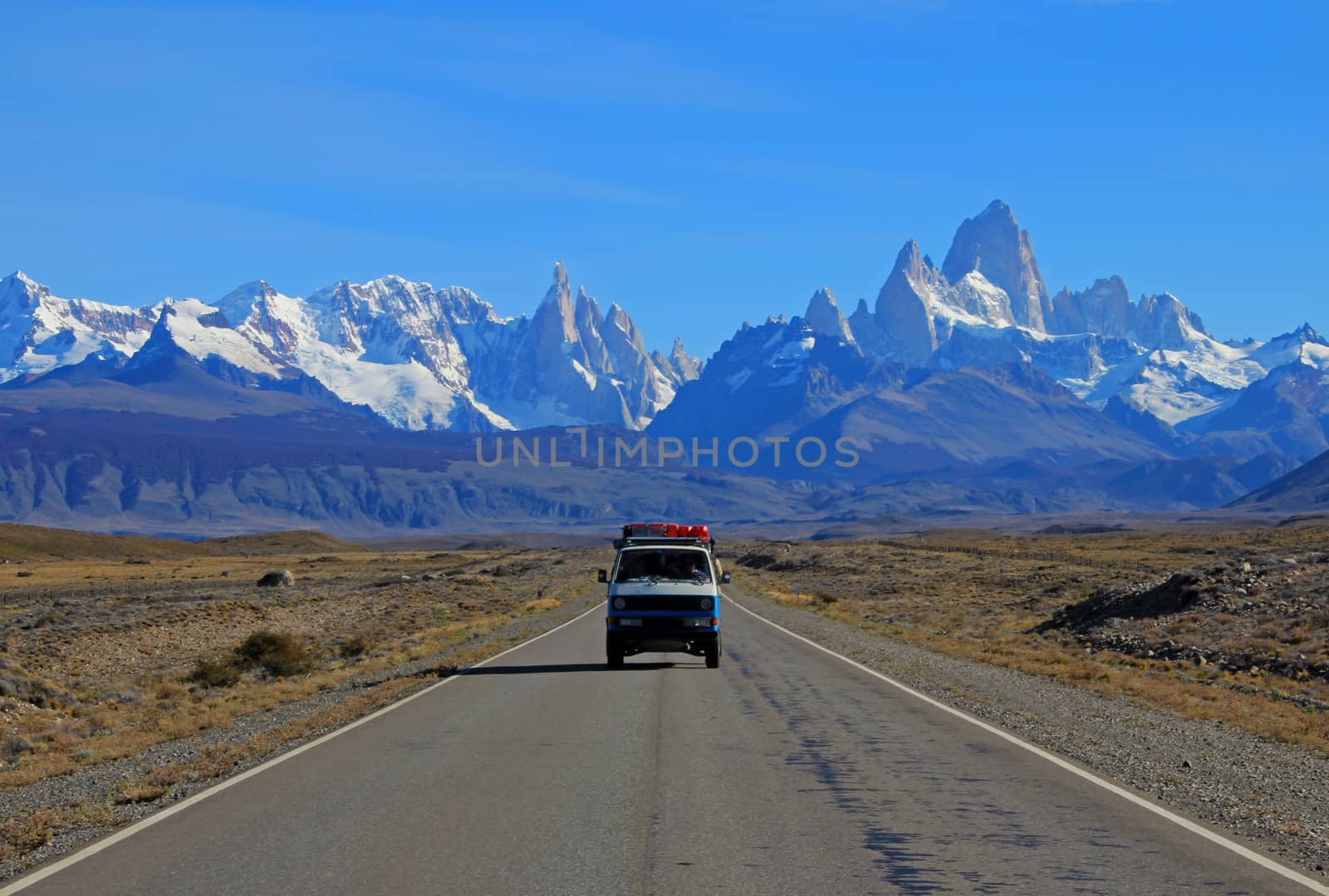 Van traveling on the road from Los Glaciares National Park, El Chalten, Patagonia, Argentina