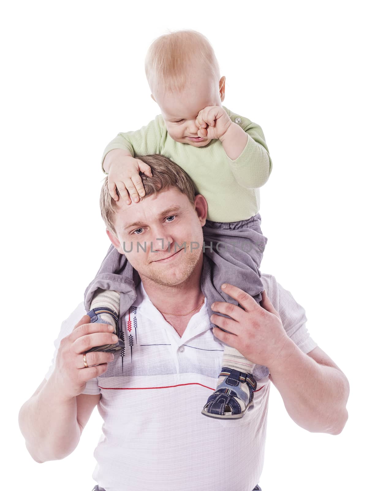 Happy Father holding son on neck isolated on white