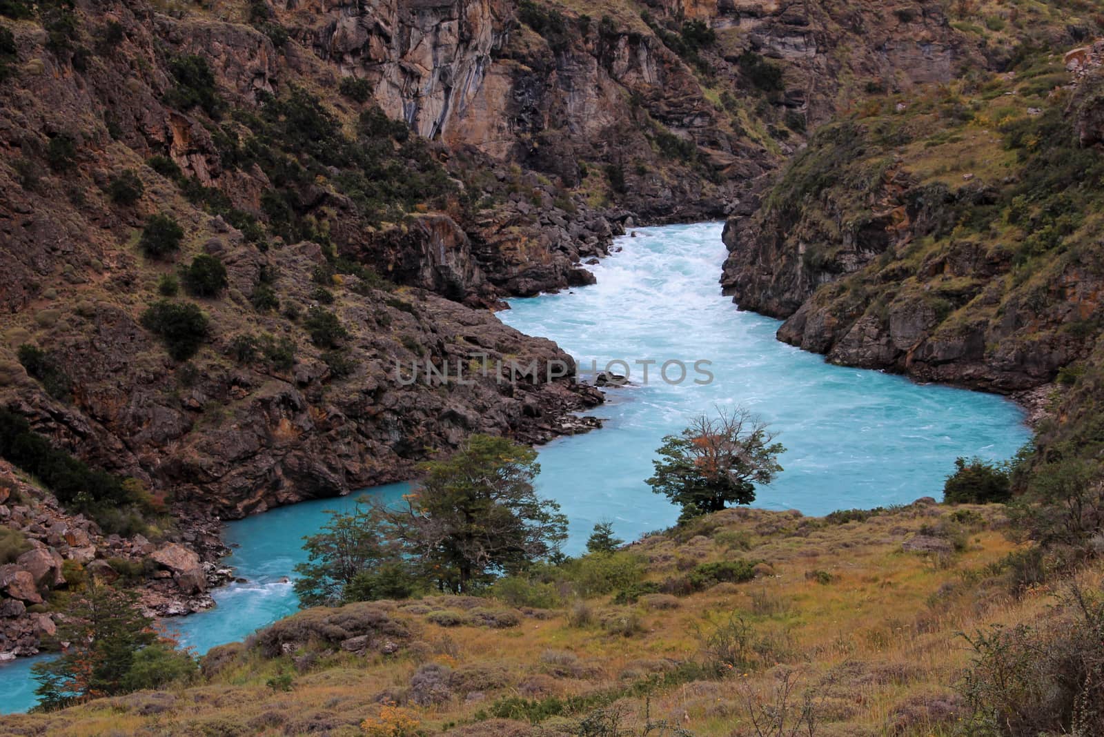 Beautiful nice blue Baker river, Carretera Austral, Patagonia, Chile