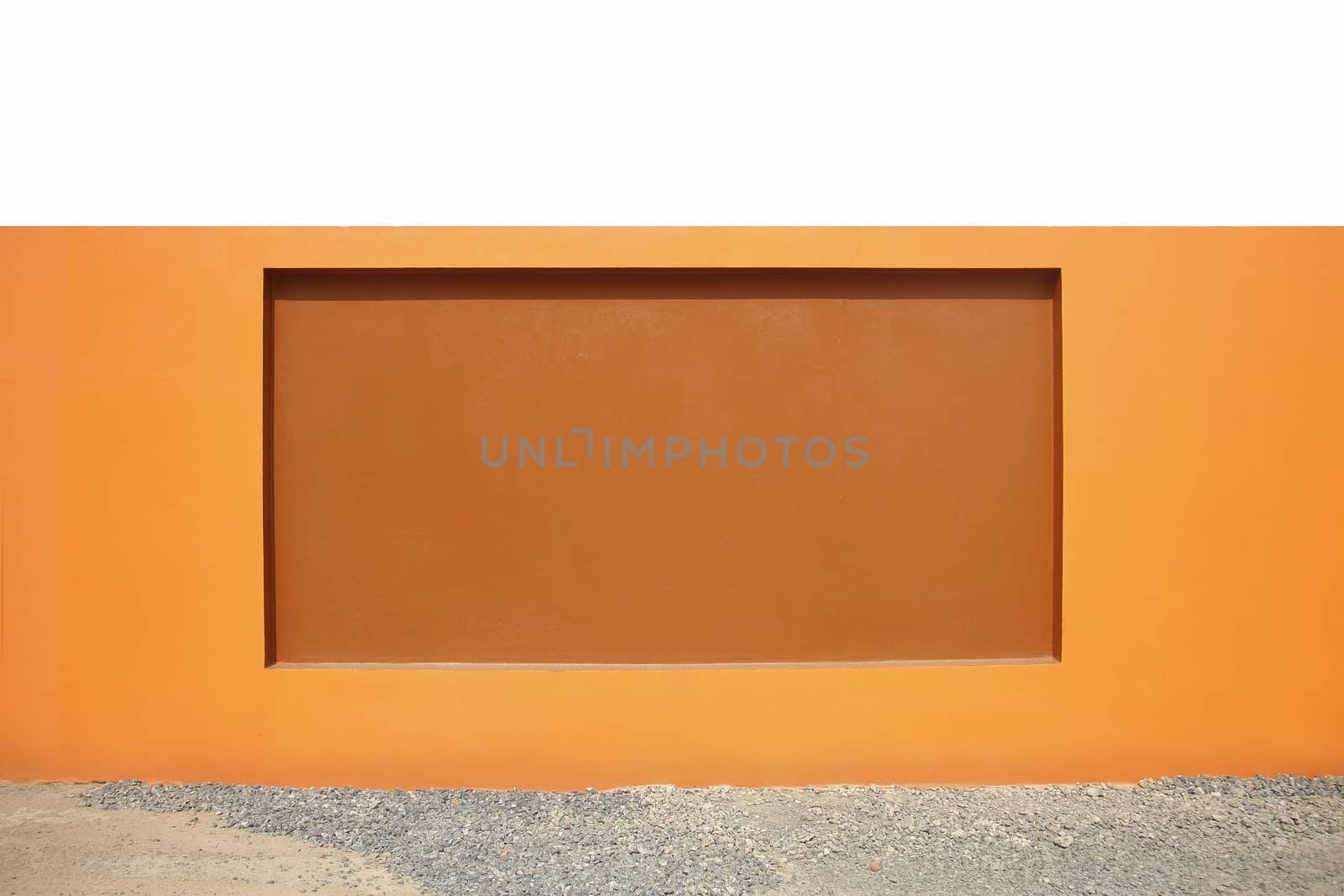 beautiful orange wall, modern cement fence with rocks floor and white background