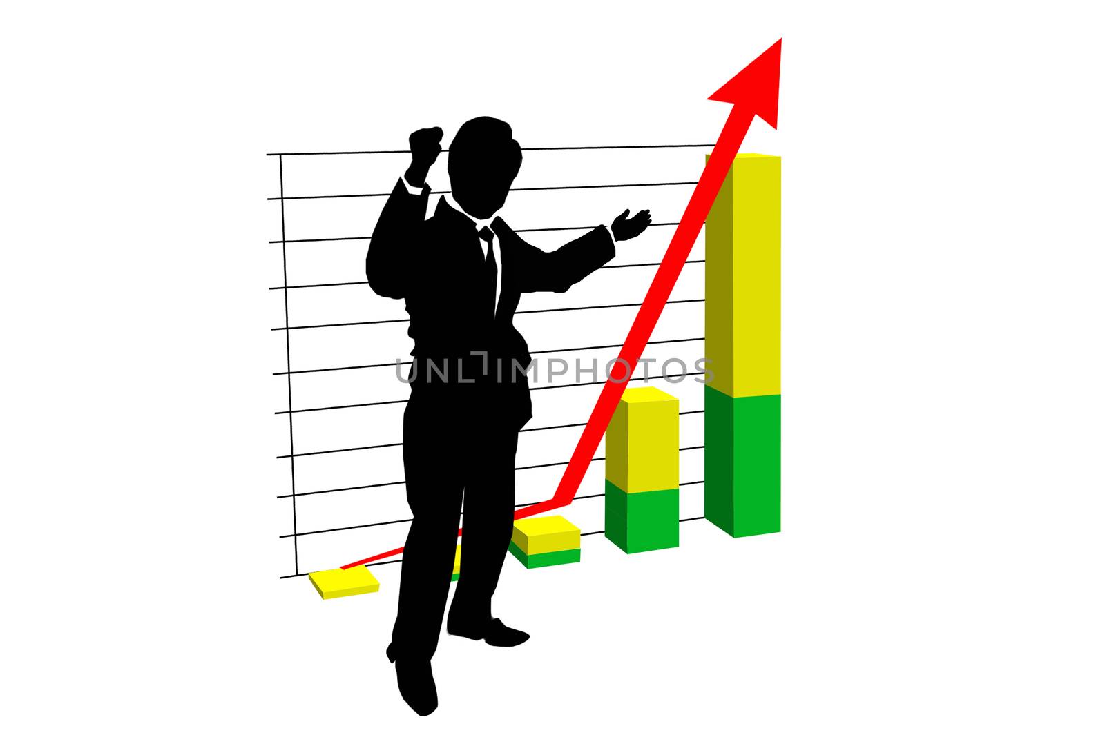 Business goals with success man on bar graph and red arrow sign up