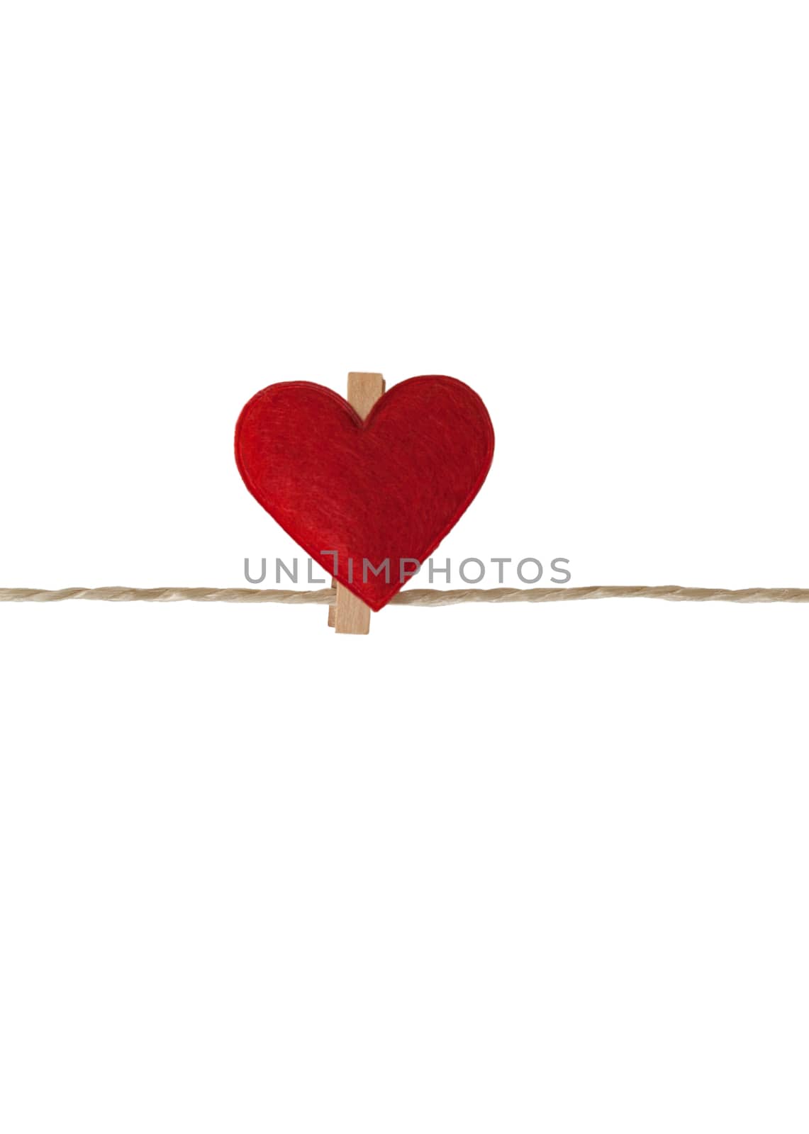 One heart with clothes peg on a cord, isolated on white