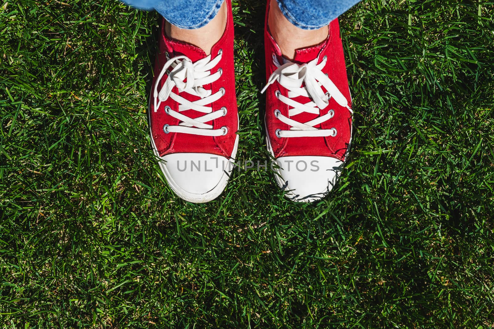 Legs in old red sneakers on green grass. View from above. The concept of youth, spring and freedom.