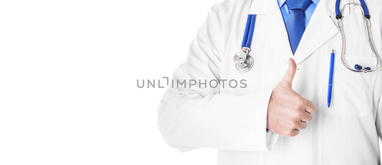 Close up of male doctor showing thumb up isolated on white background with copy space
