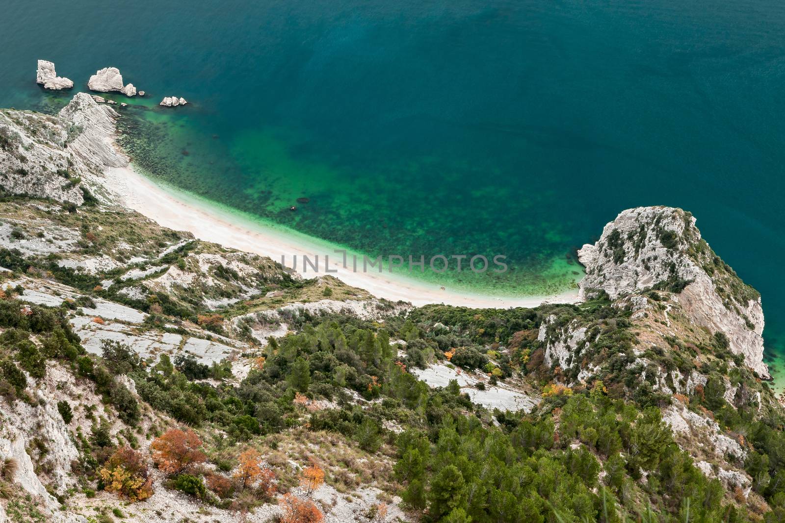 Beach of two sisters, spiaggia delle due sorelle,  seen from the wolfs step in the park of Mount Conero, Italy