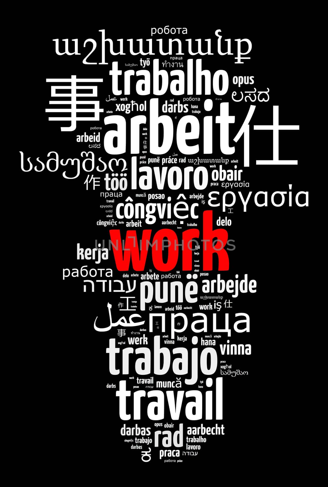 Work in different languages word cloud concept