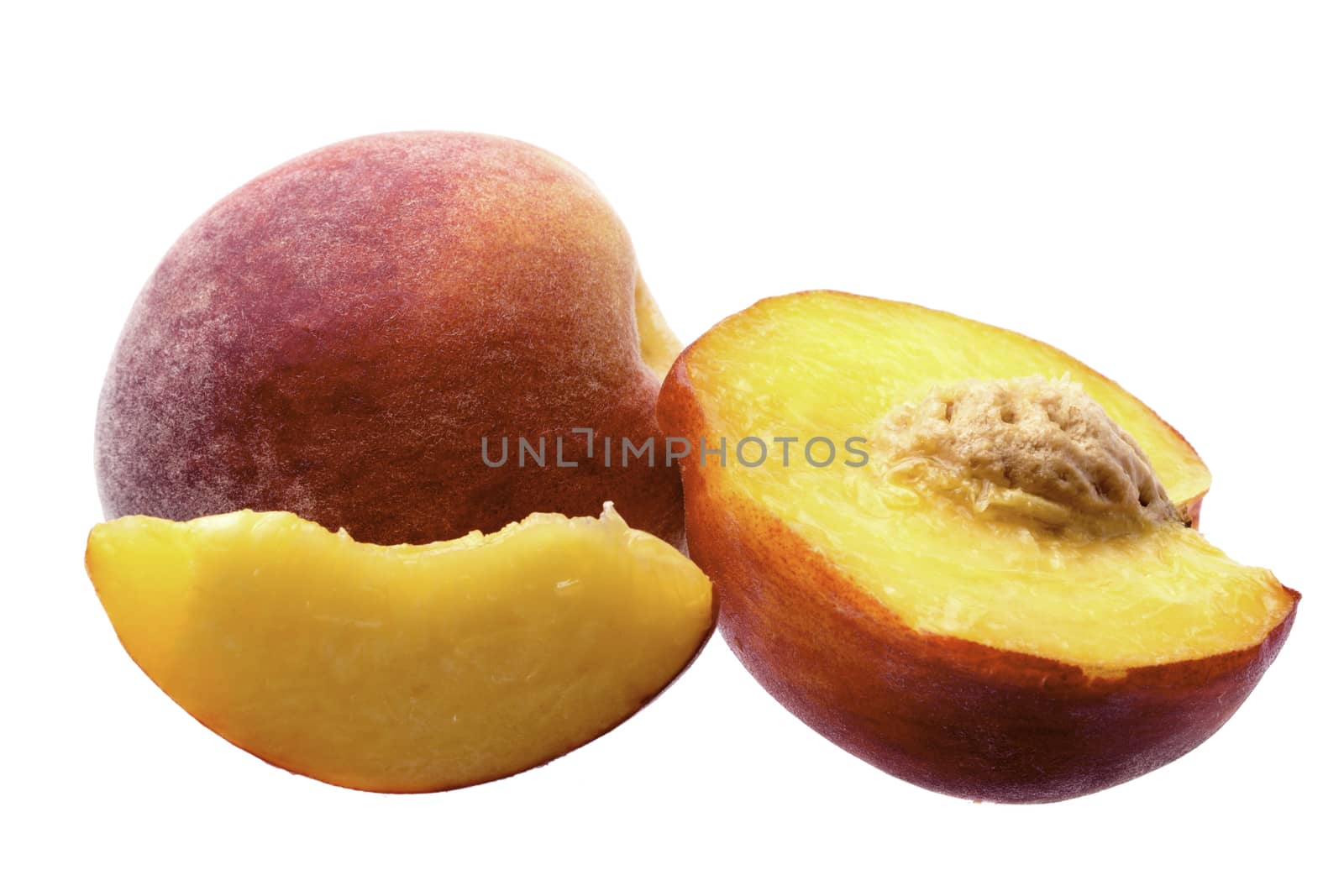 Peach And Slice Isolated On White Background