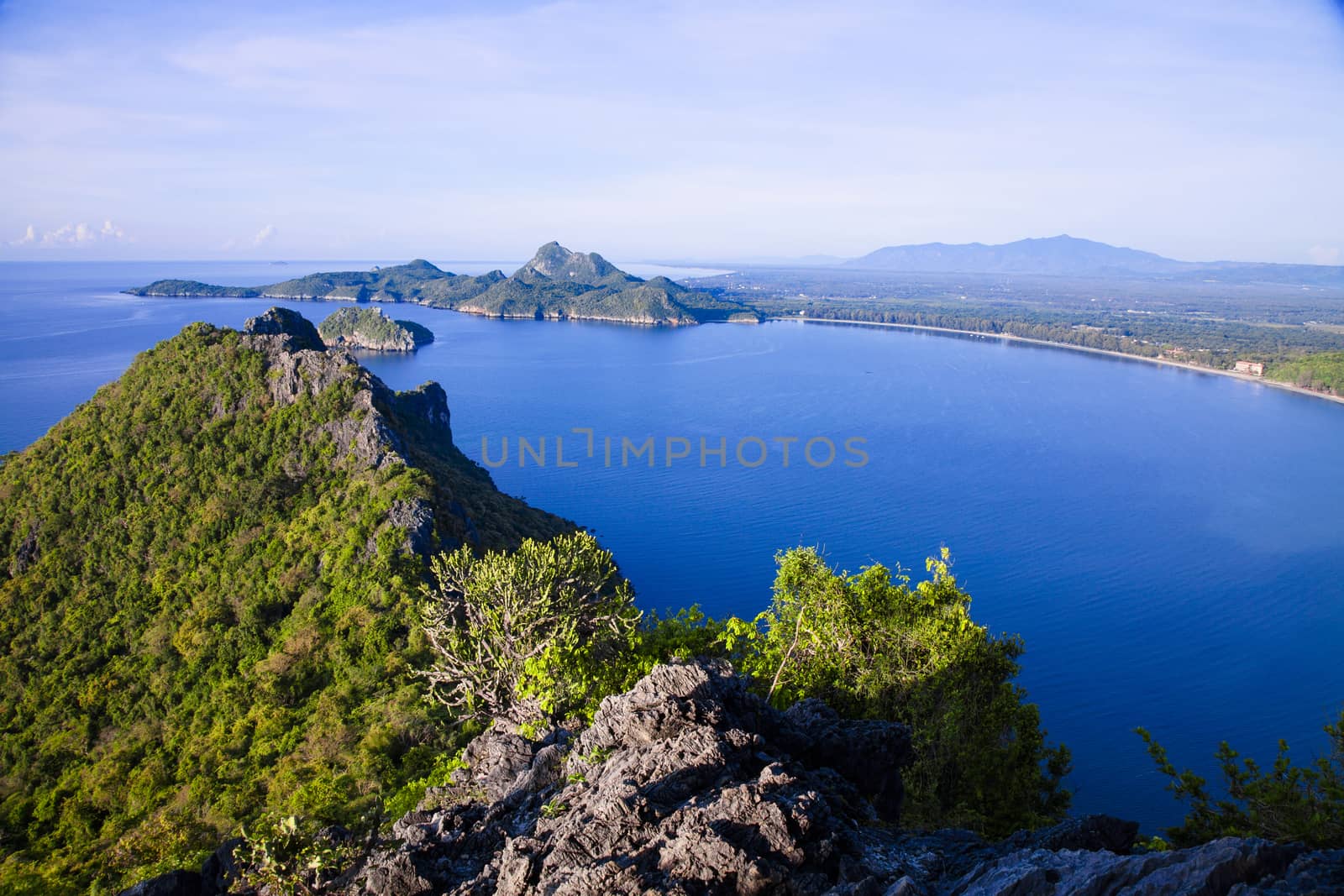Amazing summer landscape with mountains sea blue sky sun and beautiful,Viewpoint Prachuap Bay.