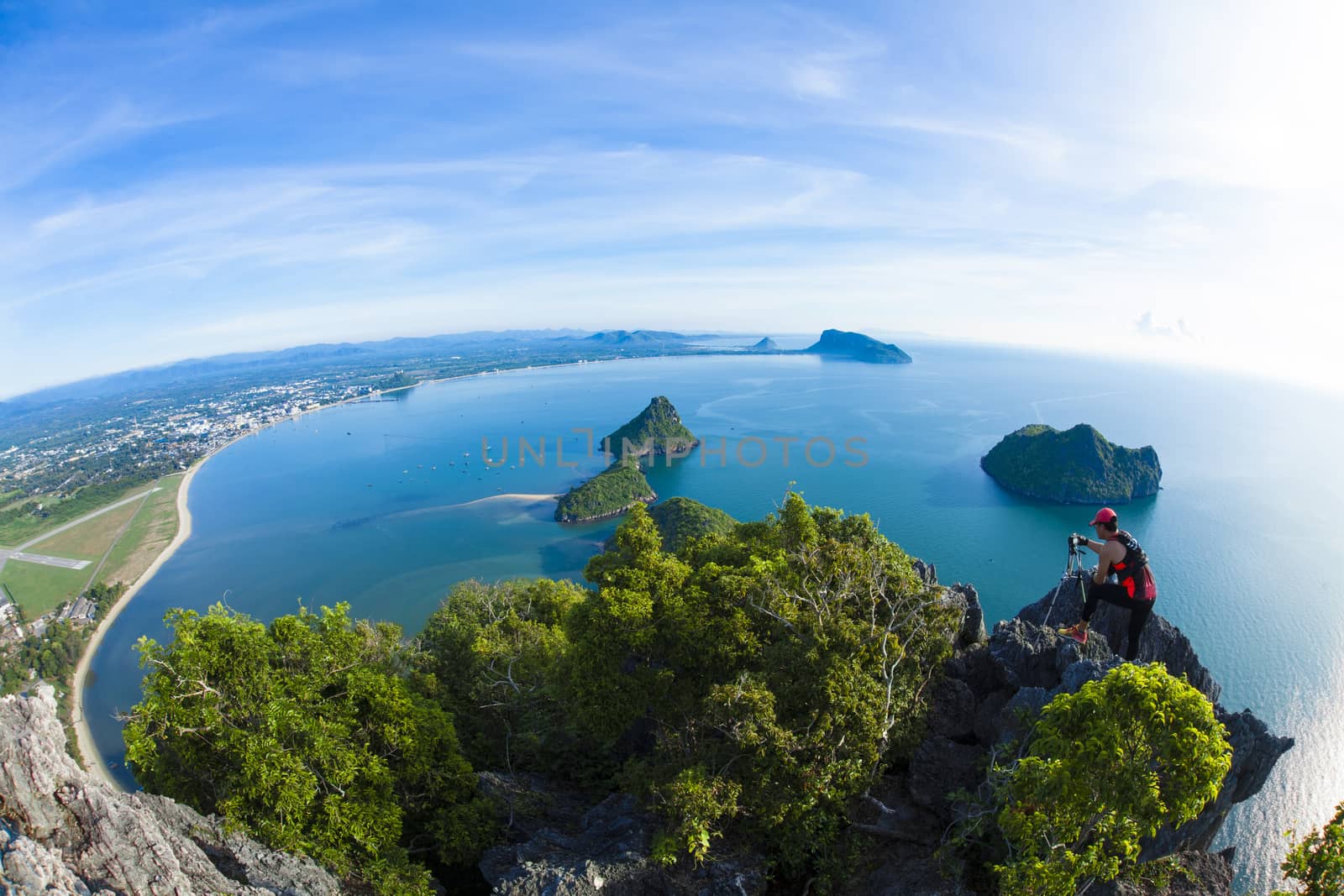 Amazing summer landscape with mountains sea blue sky sun and beautiful,Viewpoint Prachuap Bay.