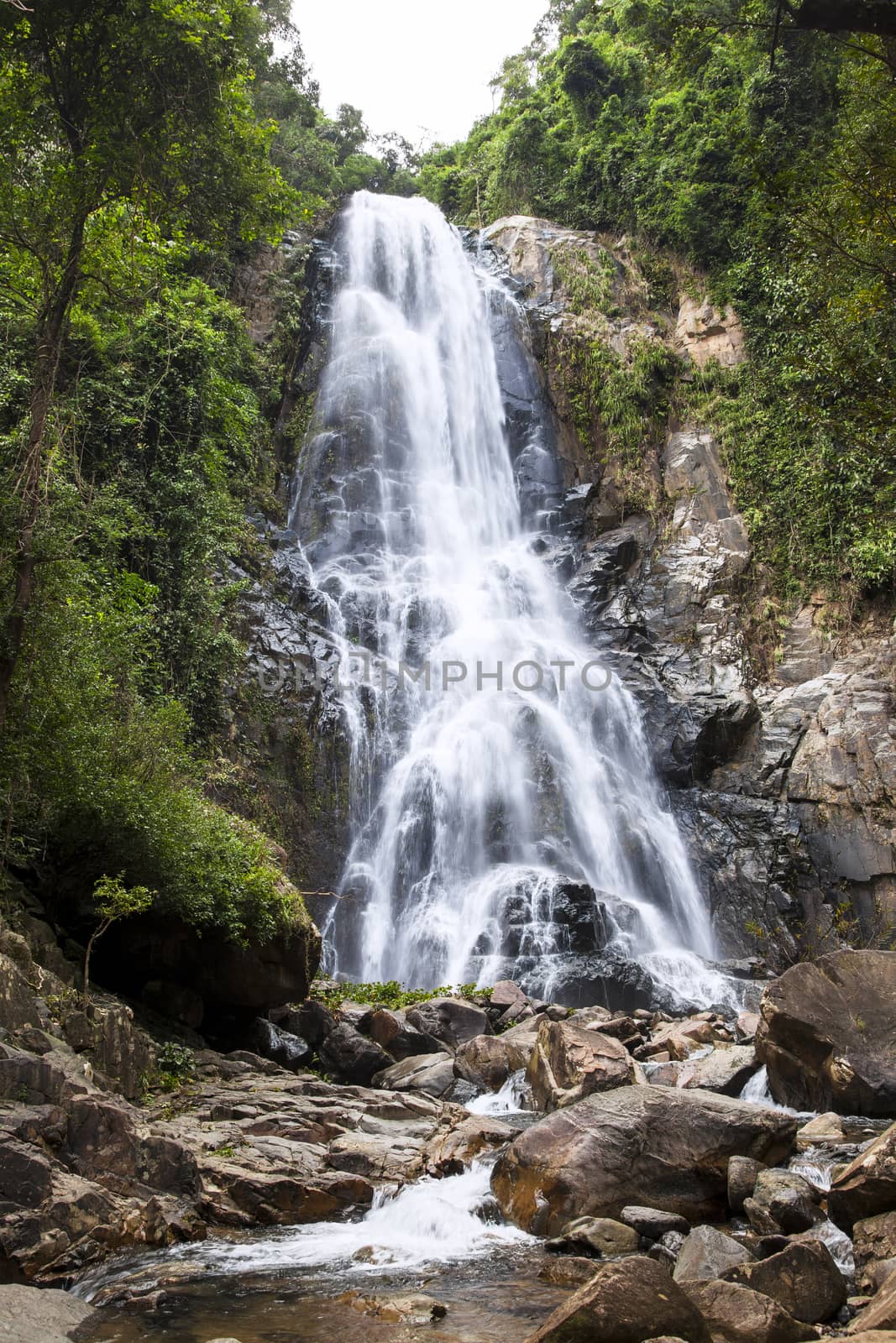  Natural background  waterfall Colorful leaves waterfall thailand tropical, Khao Nan National Park,Sunanta Waterfall Nakhon Si Thammarat Thailand.