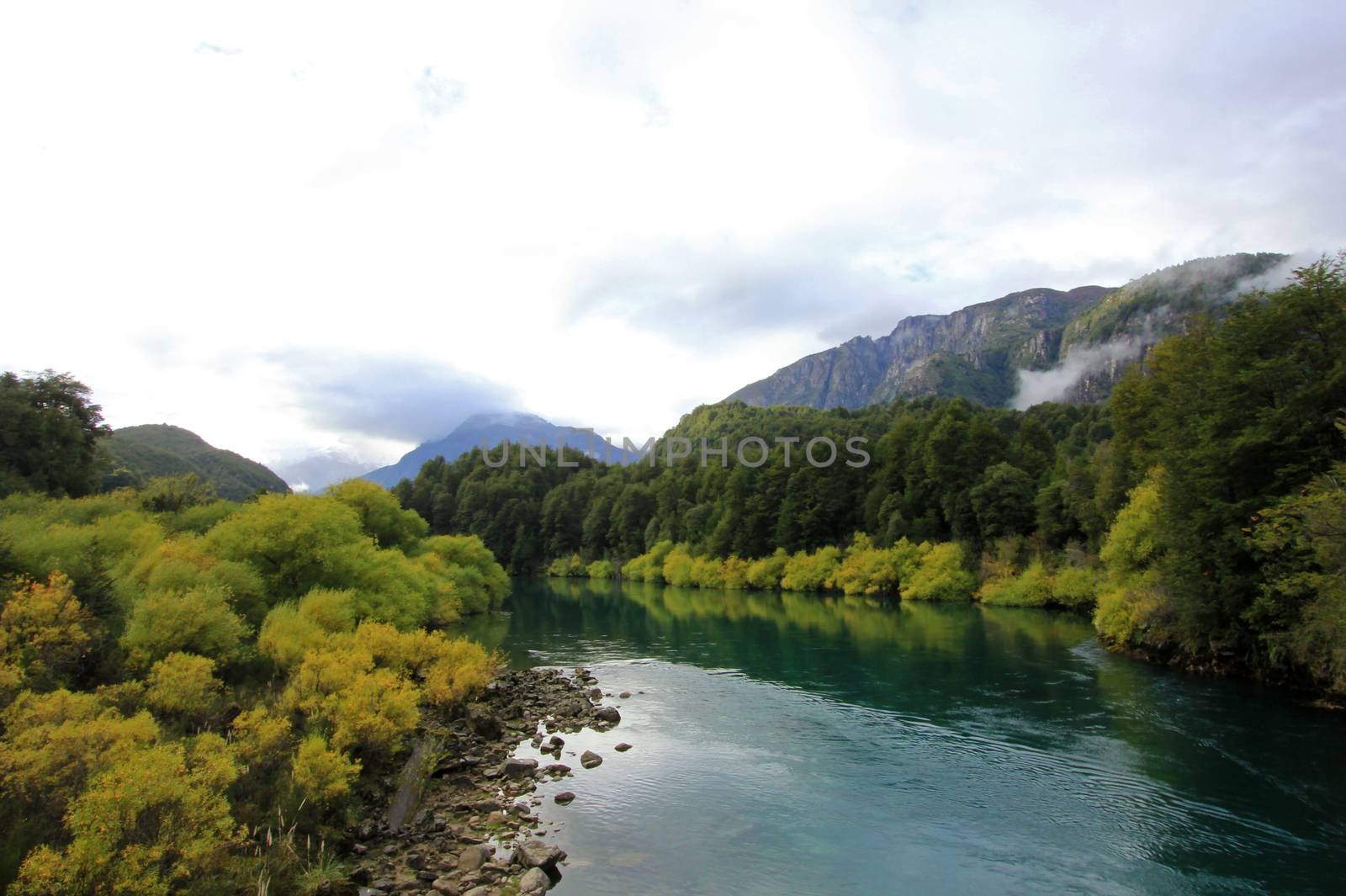 River Futaleufu flowing, well known for white water rafting, Patagonia, southern Chile.