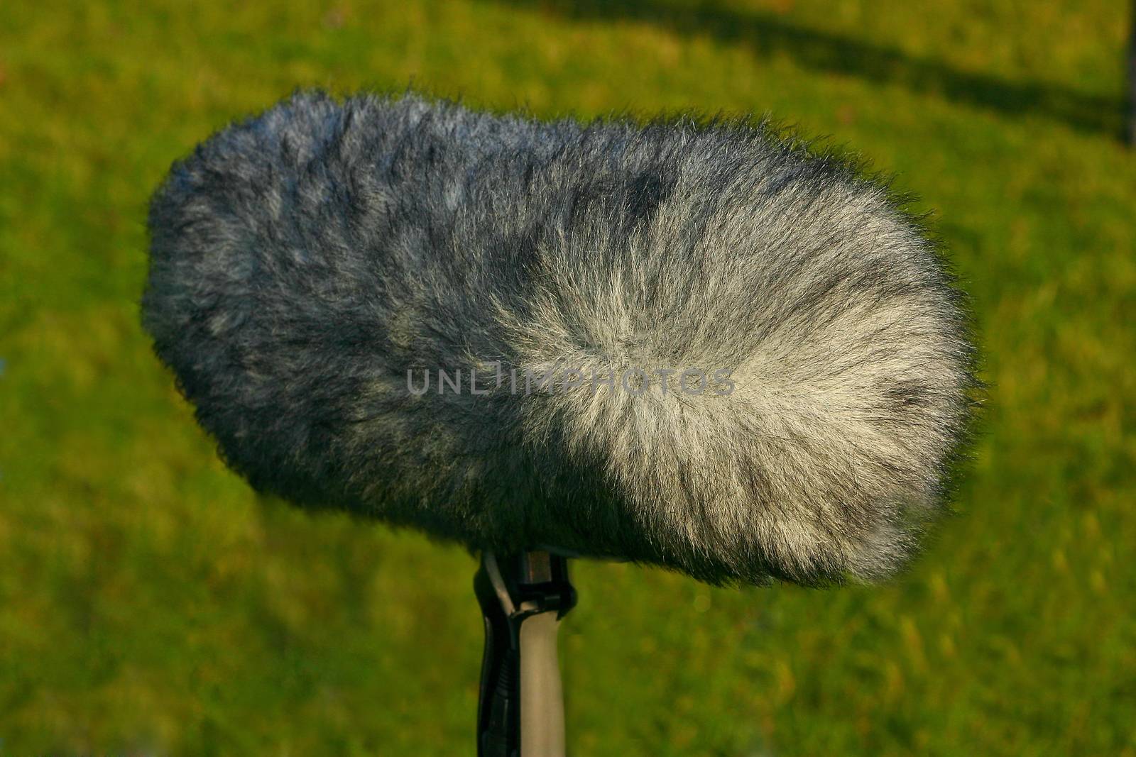 A large boom microphone on a grass background