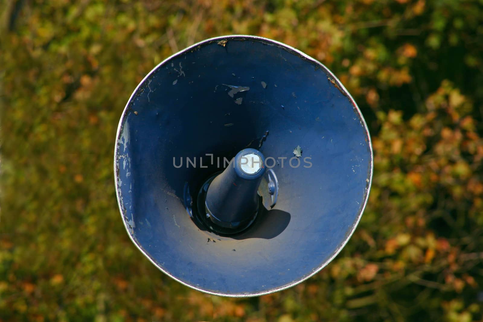 Close Up of a Blue Megaphone on green background