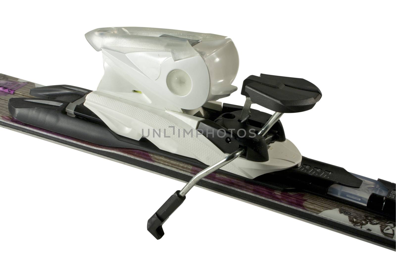 Close Up Ski Binding on Isolated White Background