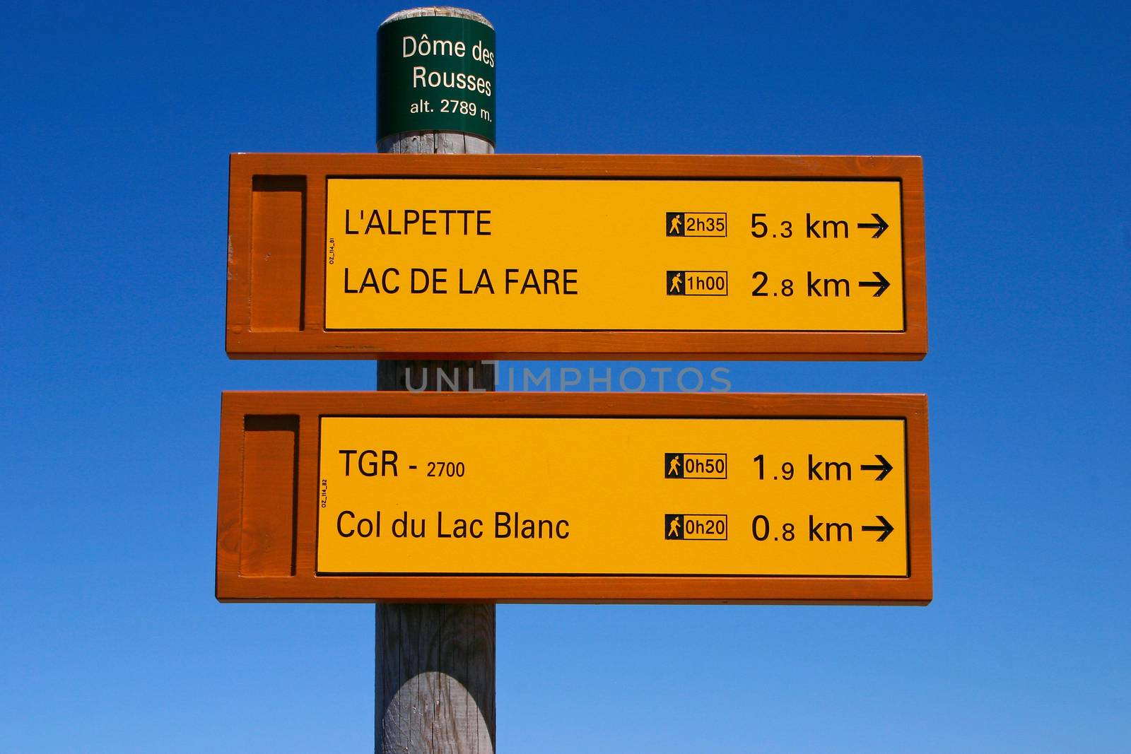 Signpost of hiking trails in the French Alps