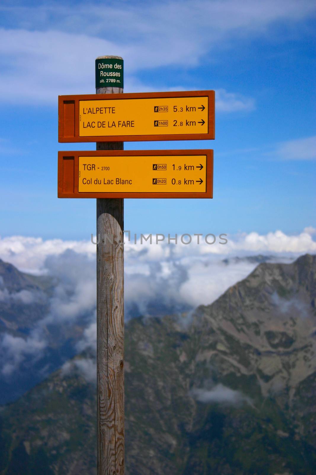 Hiking Signpost with Mountains by Kartouchken