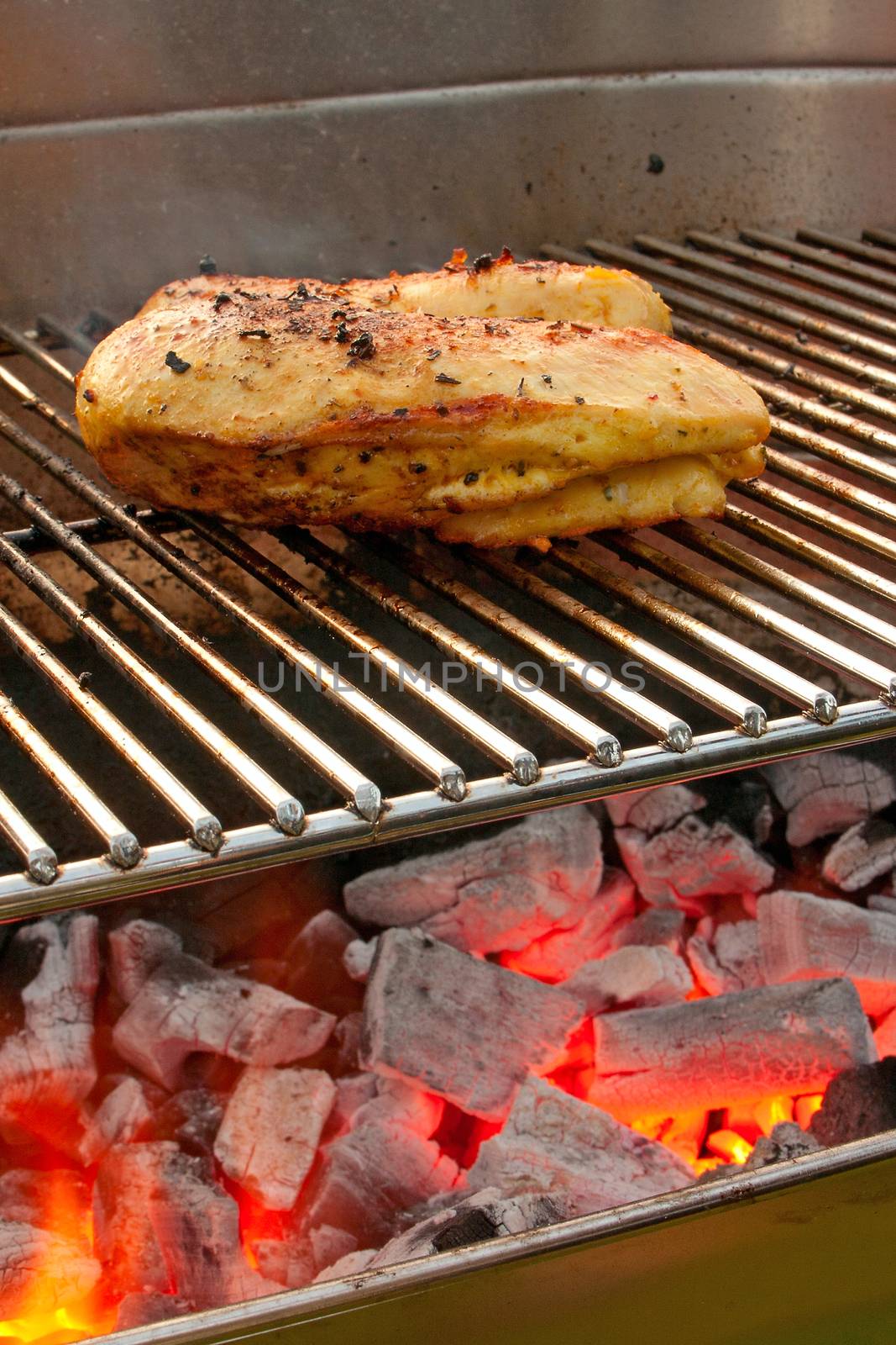 Cooking tastetful meat on a barbecue outside in the garden