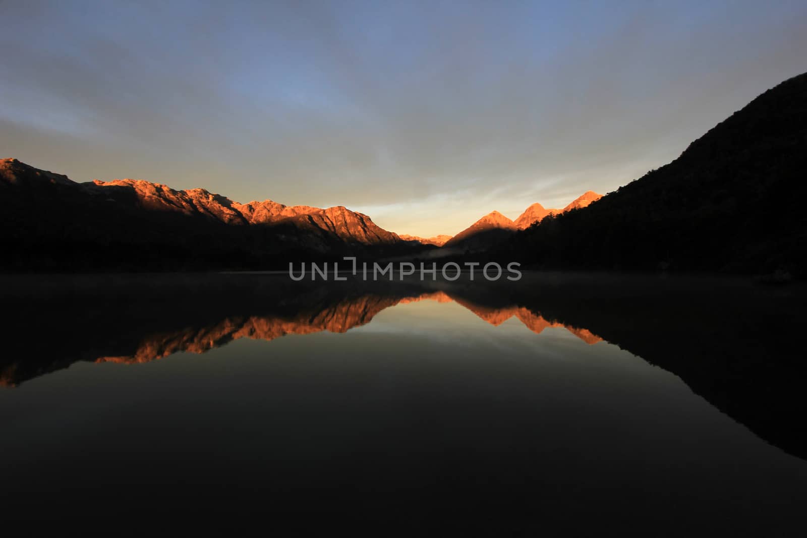 Sunrise at Lake Totoral in autumn, Lake District, Argentina
