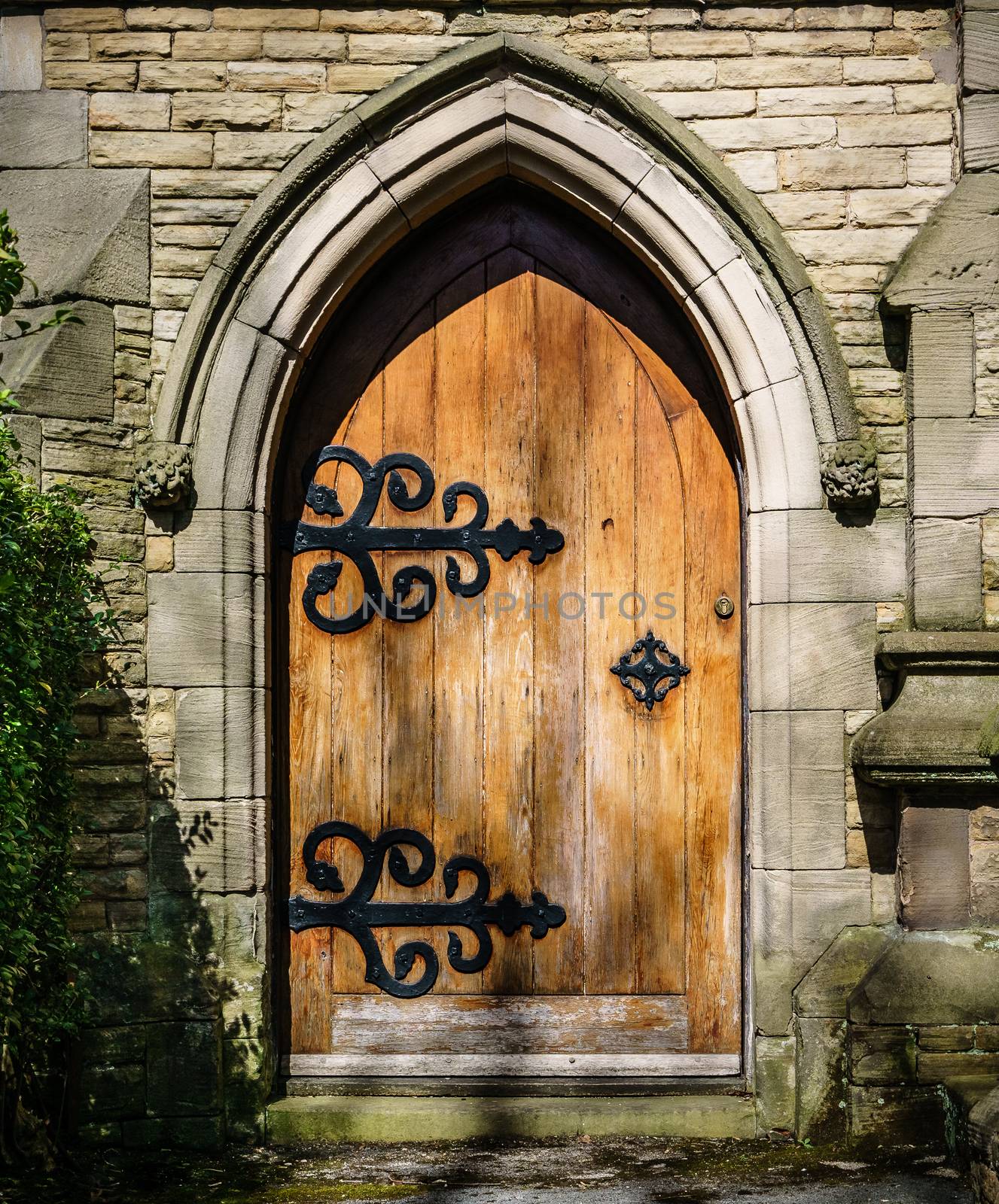 Arched stone entrance to medieval style building. Worn wooden door with ornate back hinges. Gives sense of mystery and exploration.