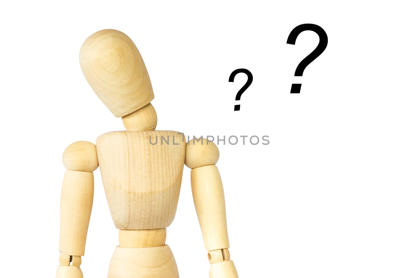 Wooden puppet tilt neck and doubt . Isolated background . Blank area at left side for fill your text . by stockdevil
