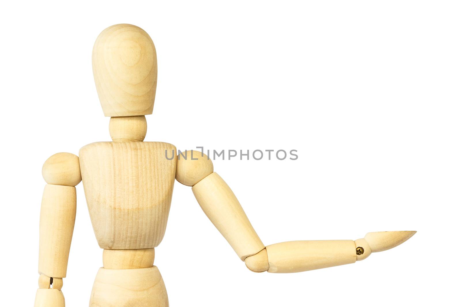 Wooden puppet is presenting something . Blank area at left side for fill your product . Isolated background .