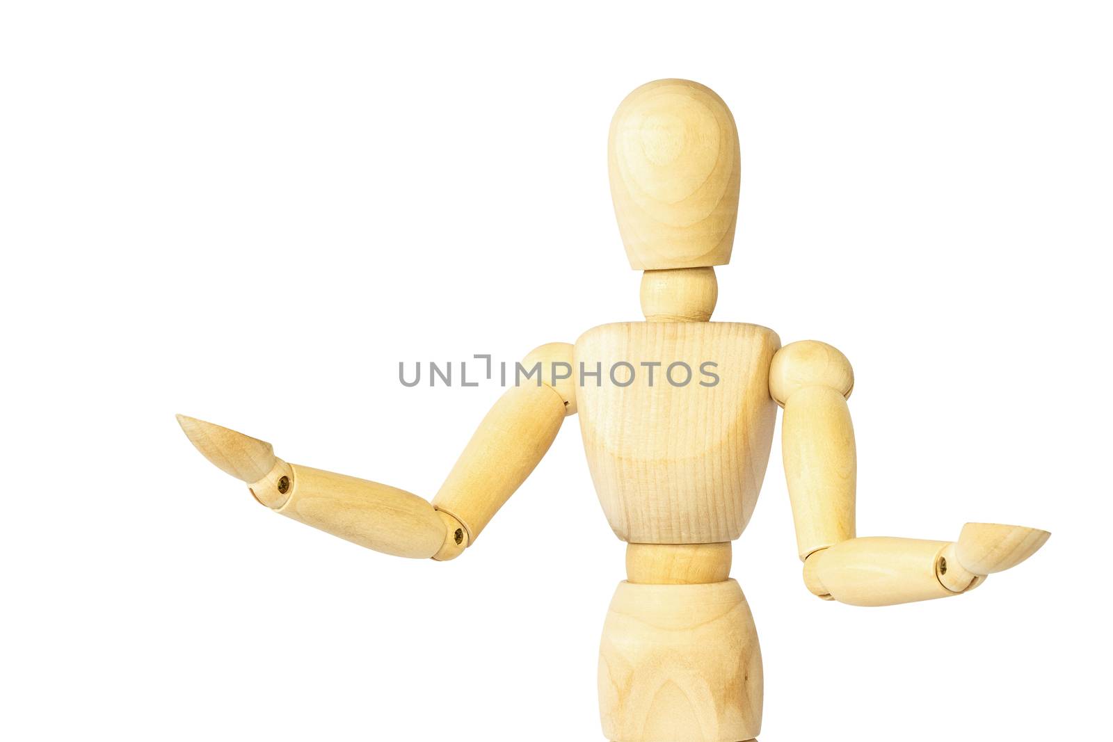 Wooden puppet show both arm ( explaining something ) . Isolated background .