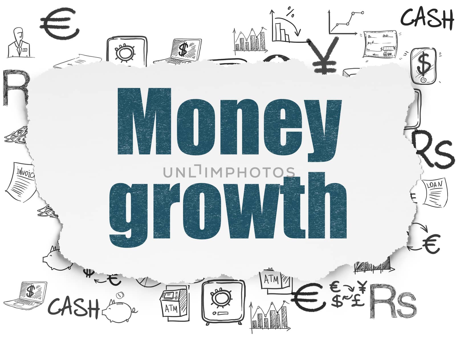 Banking concept: Painted blue text Money Growth on Torn Paper background with  Hand Drawn Finance Icons