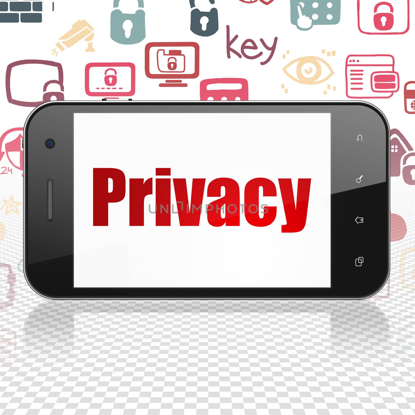 Security concept: Smartphone with  red text Privacy on display,  Hand Drawn Security Icons background, 3D rendering