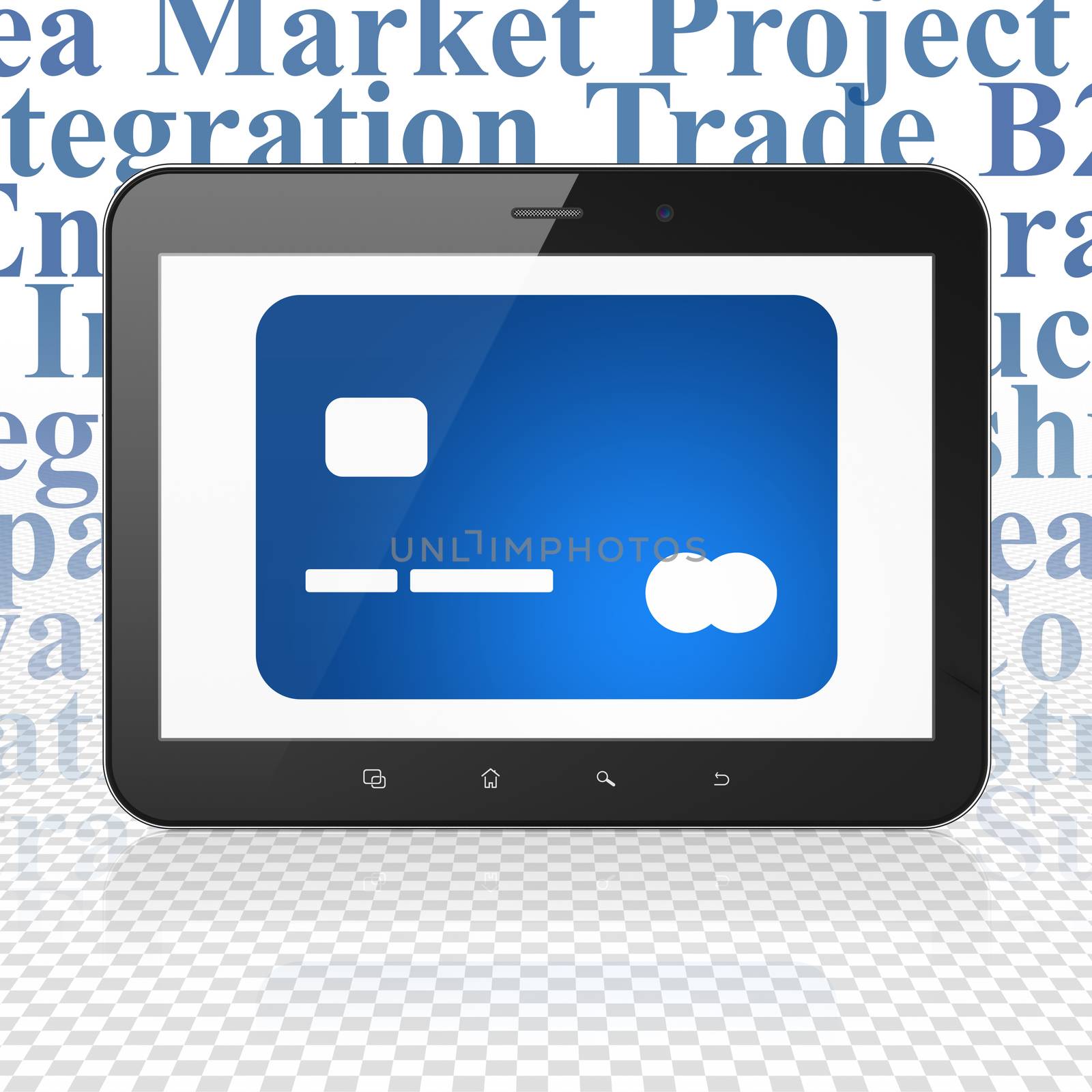 Business concept: Tablet Computer with  blue Credit Card icon on display,  Tag Cloud background, 3D rendering