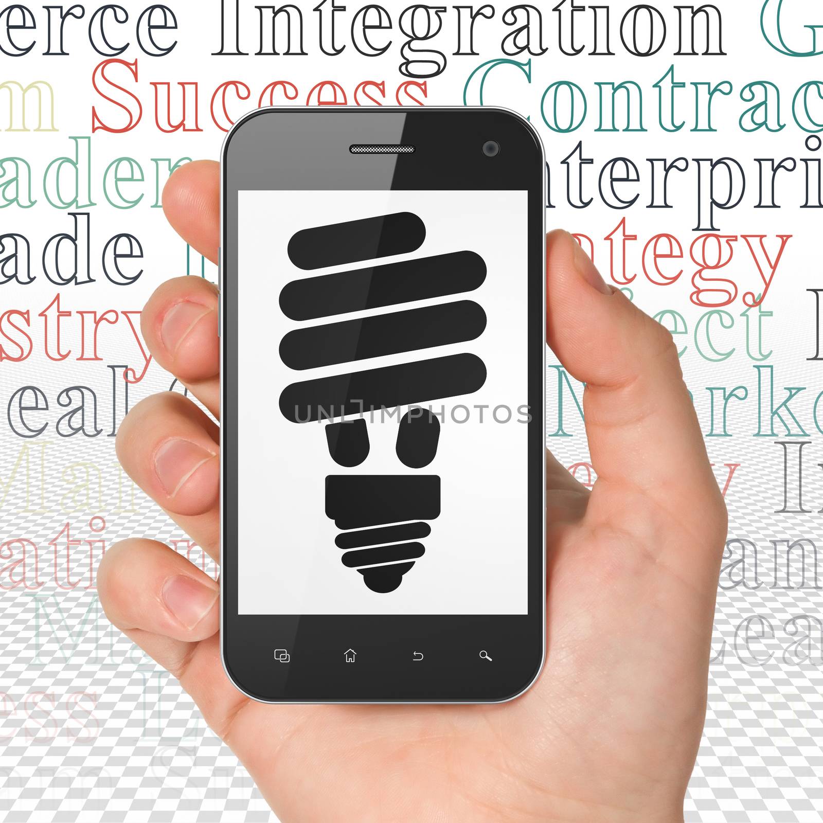 Finance concept: Hand Holding Smartphone with  black Energy Saving Lamp icon on display,  Tag Cloud background, 3D rendering