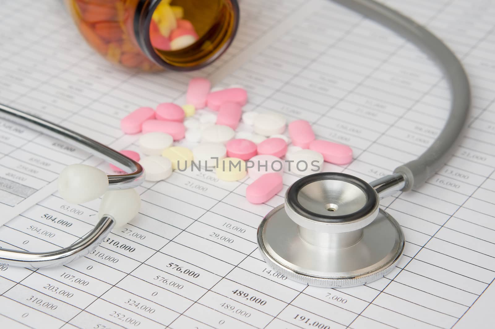 Old silver stethoscope place on finance account have blur colorful tablets and brown bottle as background.