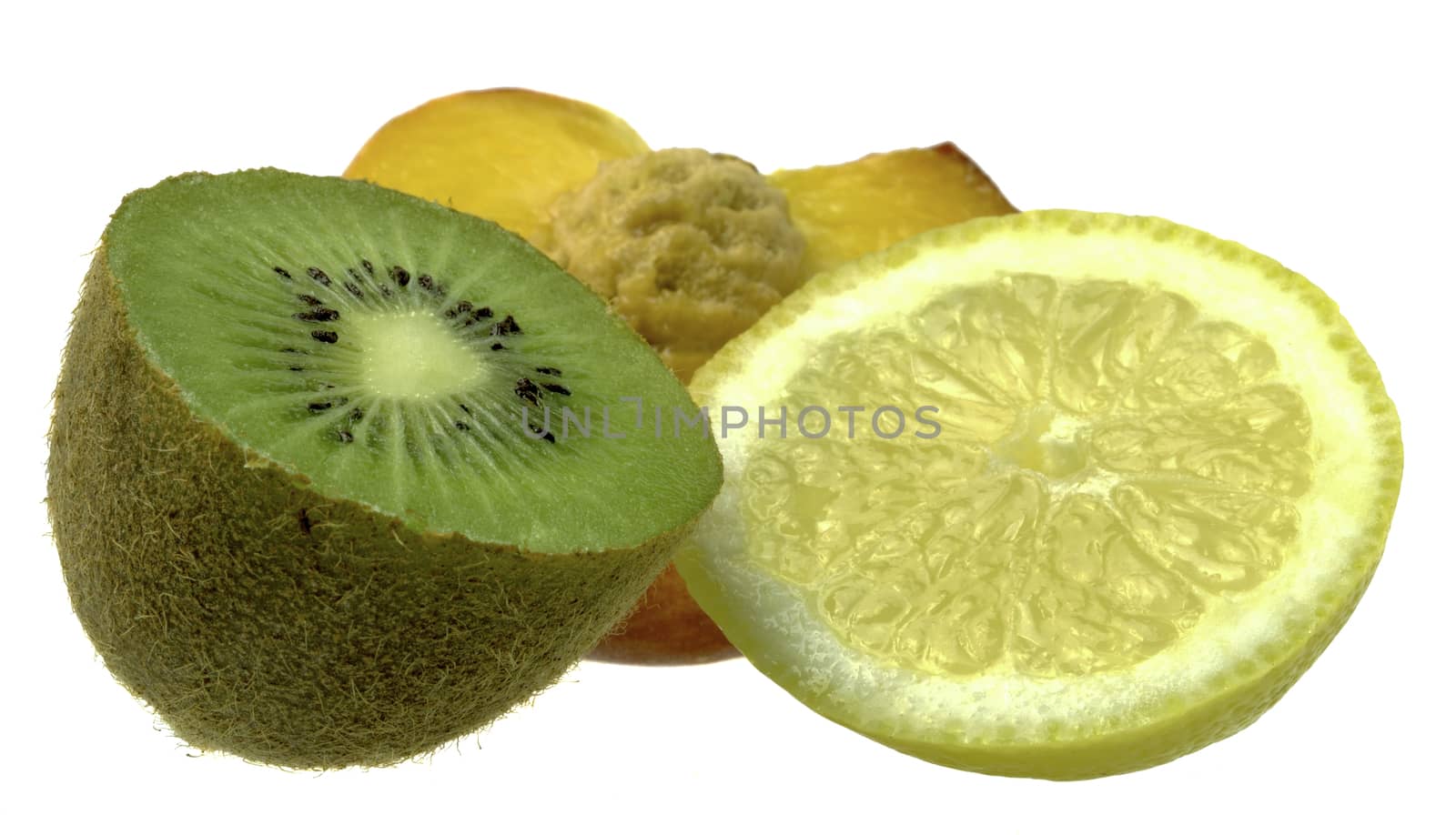 Peach, Kiwi and Lemon isolated on white background