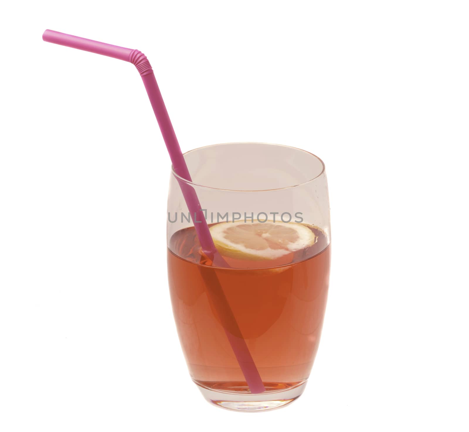 Glass Of Pink Drink With Lemon And Straw