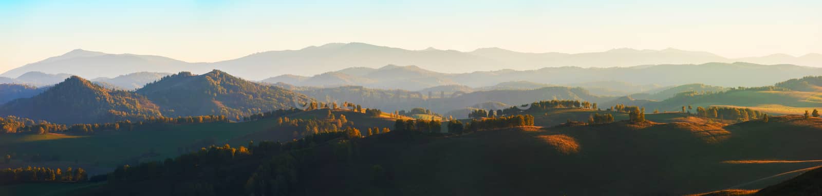 Beauty dawn in the mountains in Altay, panoramic picture