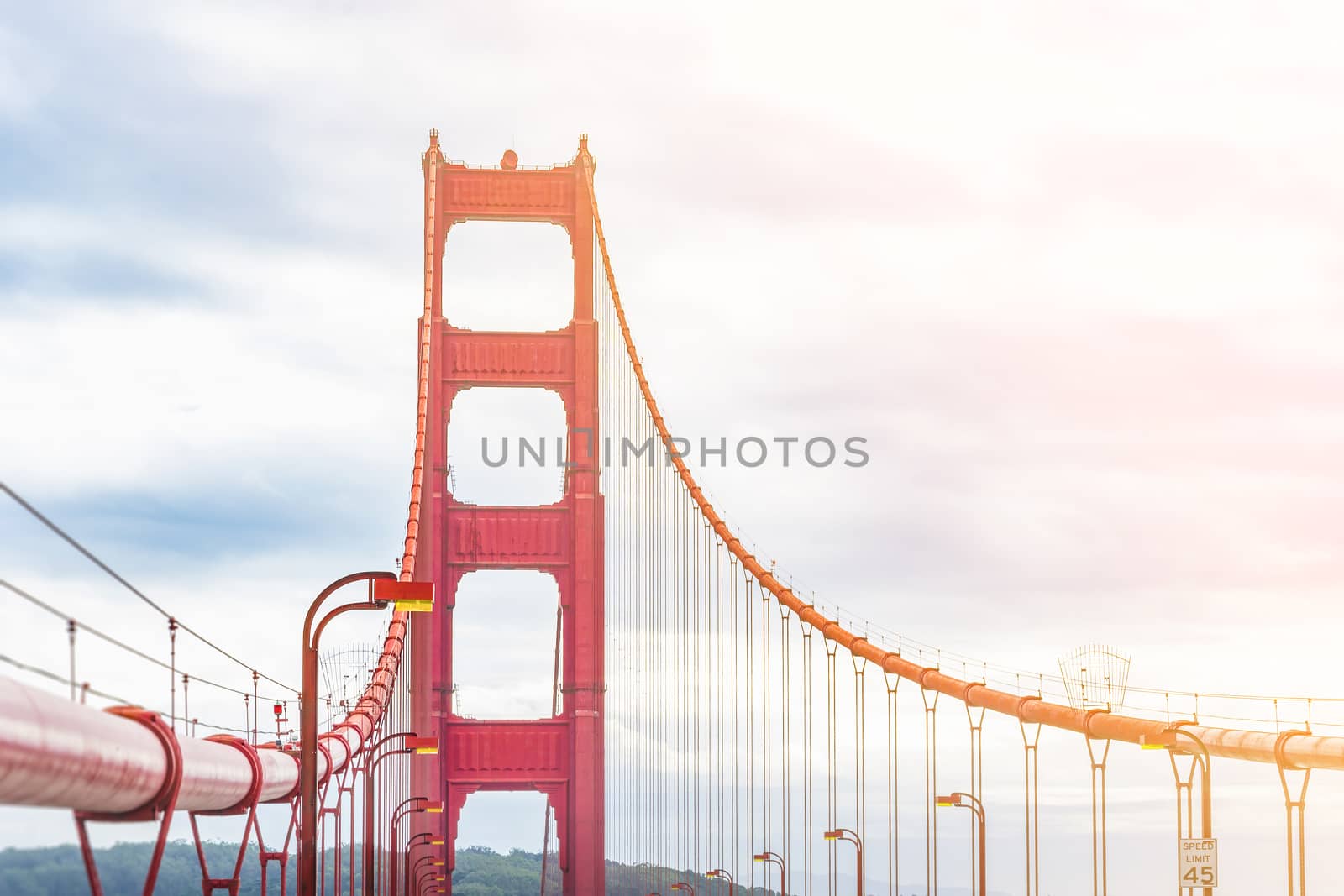 Detail of Golden Gate bridge with pillar and suspension cables