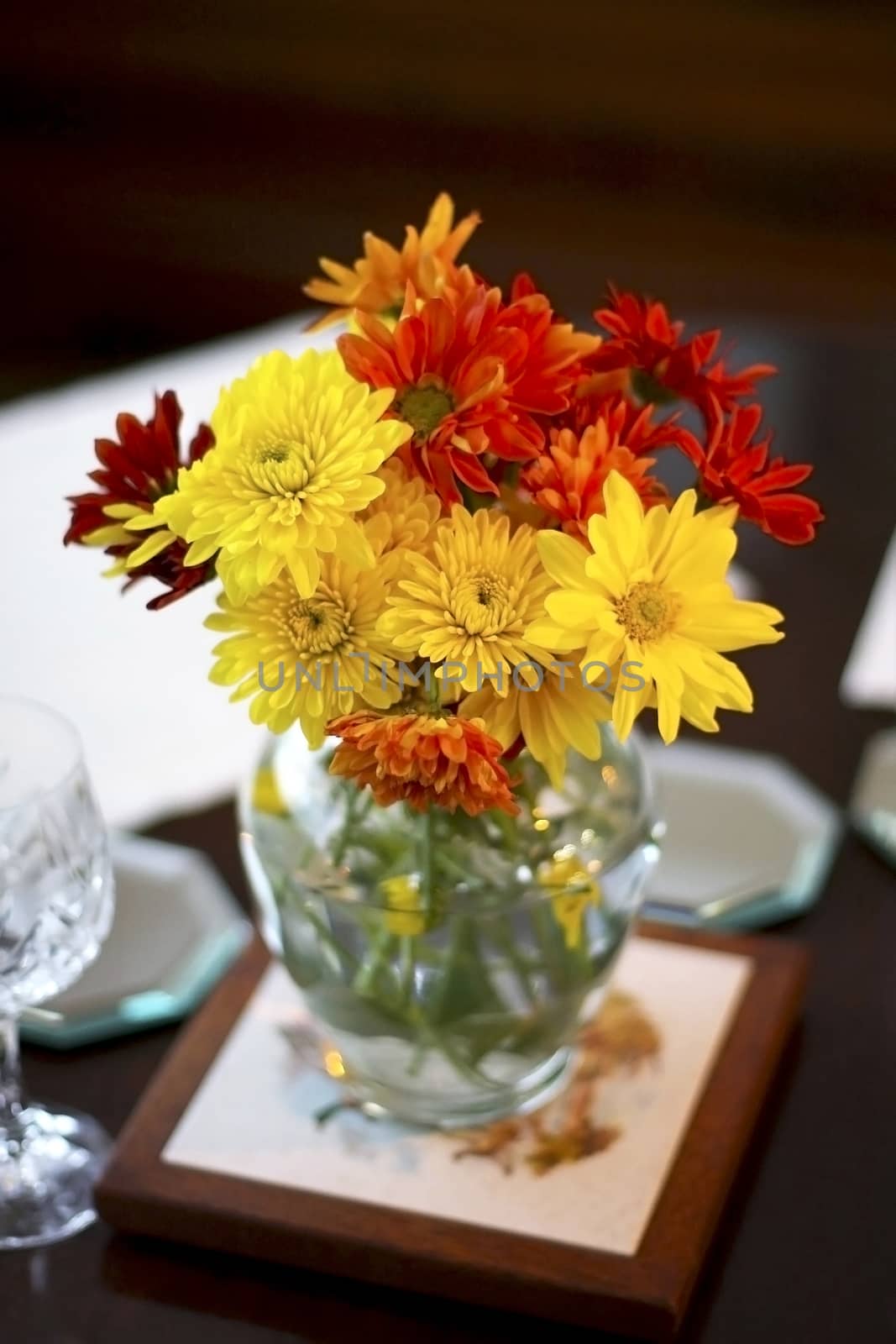 Flowers placed in a formal holiday setting.