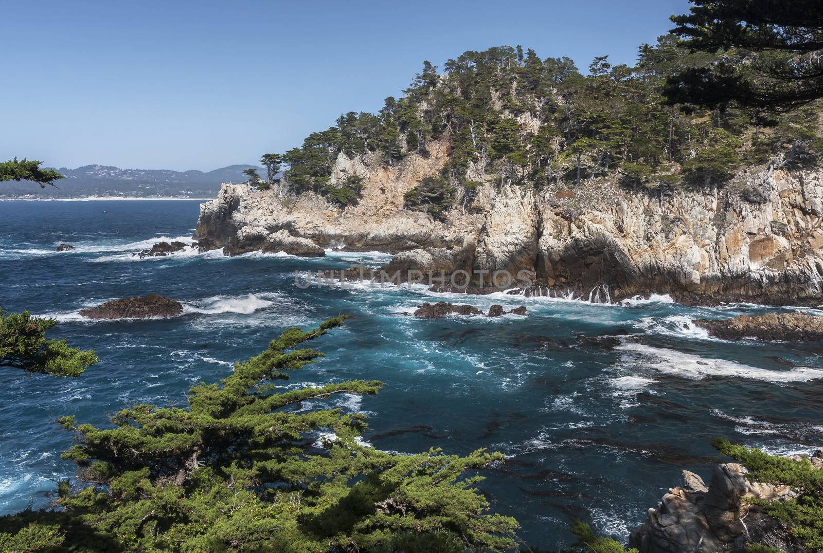 This is an image of Point Lobos National Seashore located south of Carmel, California. In the distance you can see Camel beach and the hills where the famous 17 mile drive is located.